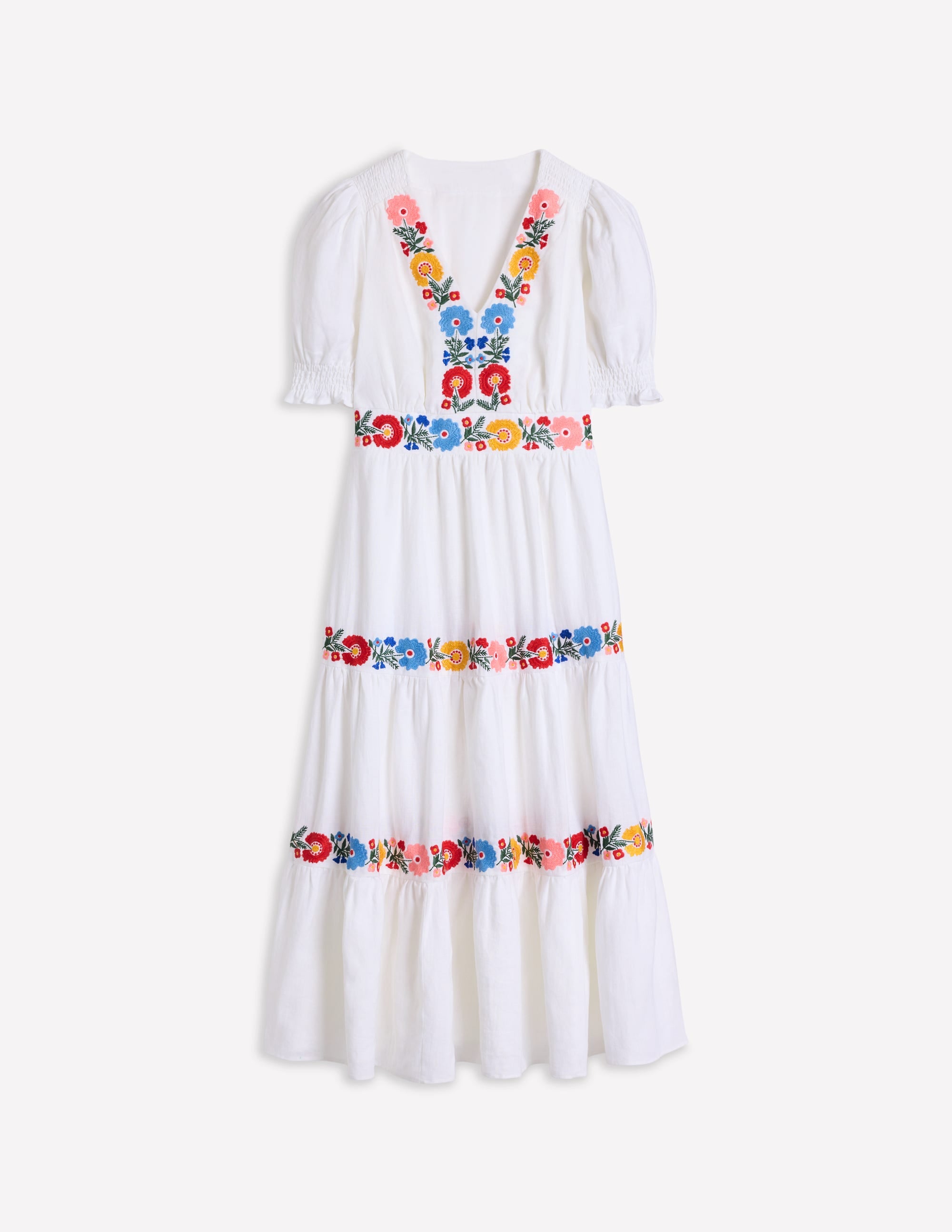 Anna Linen Tiered Midi Dress - White with Multi-Color Embroidery | Summer Casual Wear, Beach Cover Up, Boho Chic Outfit