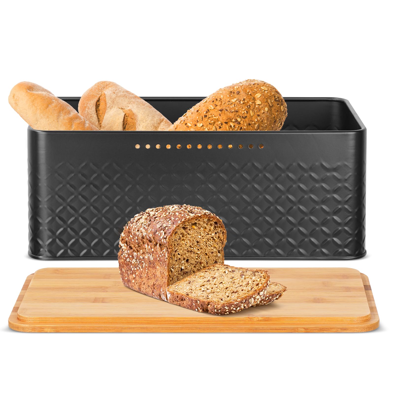 Stainless Steel Bread Box with Bamboo Cutting Board Lid - Airtight Bread Storage Container for Kitchen Countertop, Modern Bread Bin & Bread Keeper - Perfect for Home Baking, Pantry Organization & Kitchen Decor (Black)
