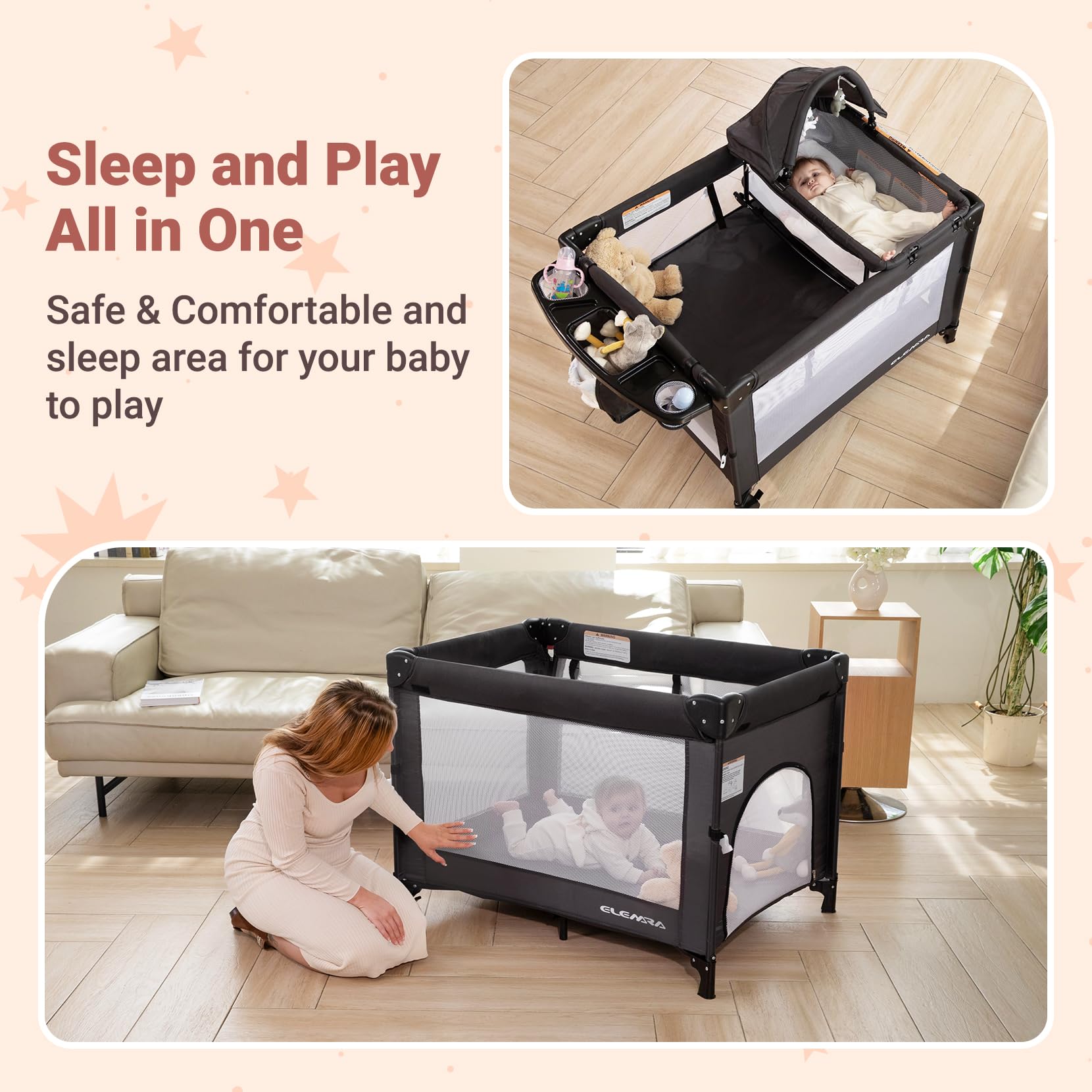 ELEMARA 5-in-1 Multifunctional Pack n Play Baby Crib - Adjustable Height Bassinet, Bedside Sleeper, Playpen with Diaper Changing Table & Removable Rocker - Portable Foldable Crib for Newborn to Toddler (Gray) | Perfect for Nursery, Travel & On-the-Go Parenting