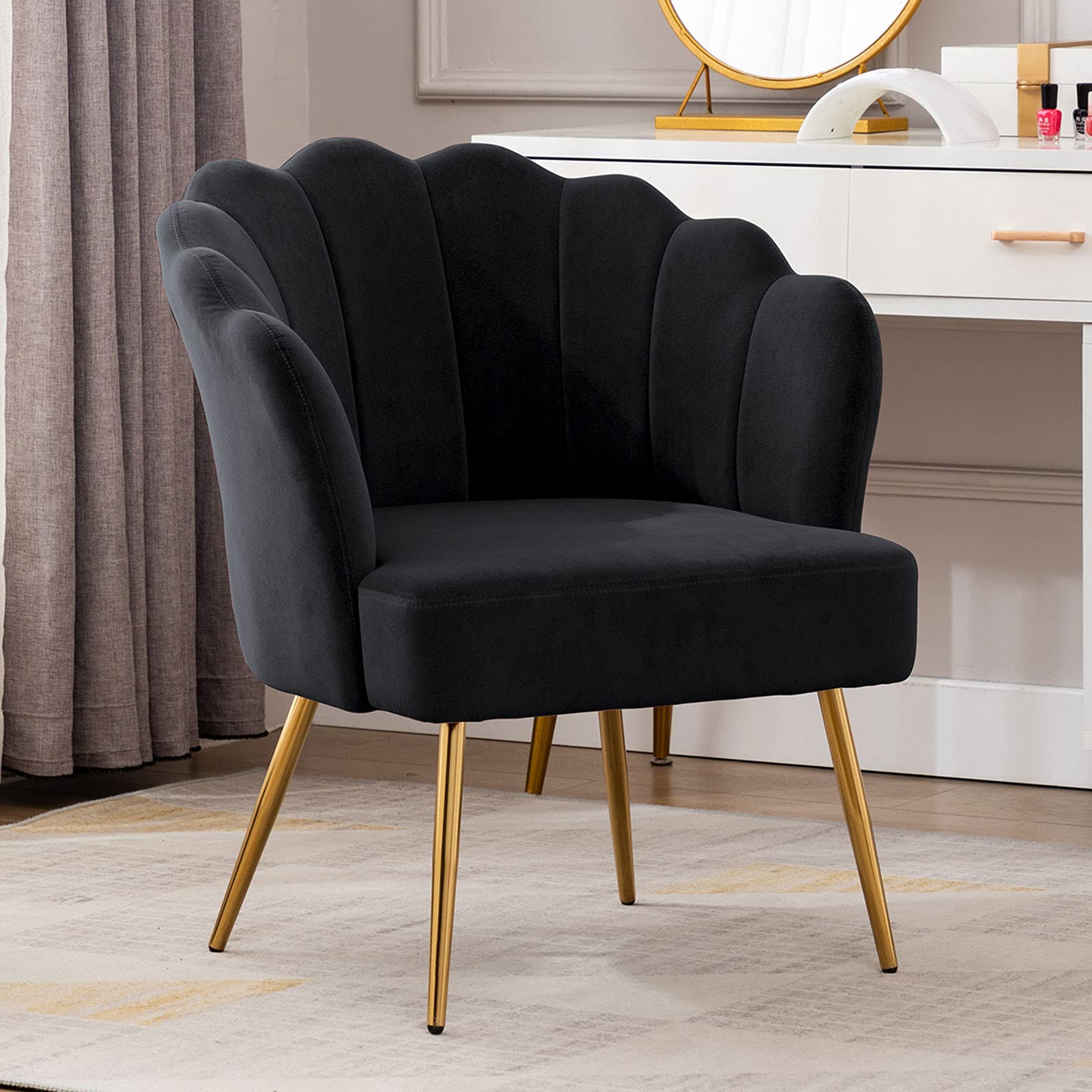 DUHOME Velvet Upholstered Accent Chair with Golden Metal Legs - Comfortable Makeup Vanity Chair, Guest Chair & Desk Chair for Living Room, Bedroom, Office & Reception Area - Elegant Black Velvet Seating Solution for Home Decor