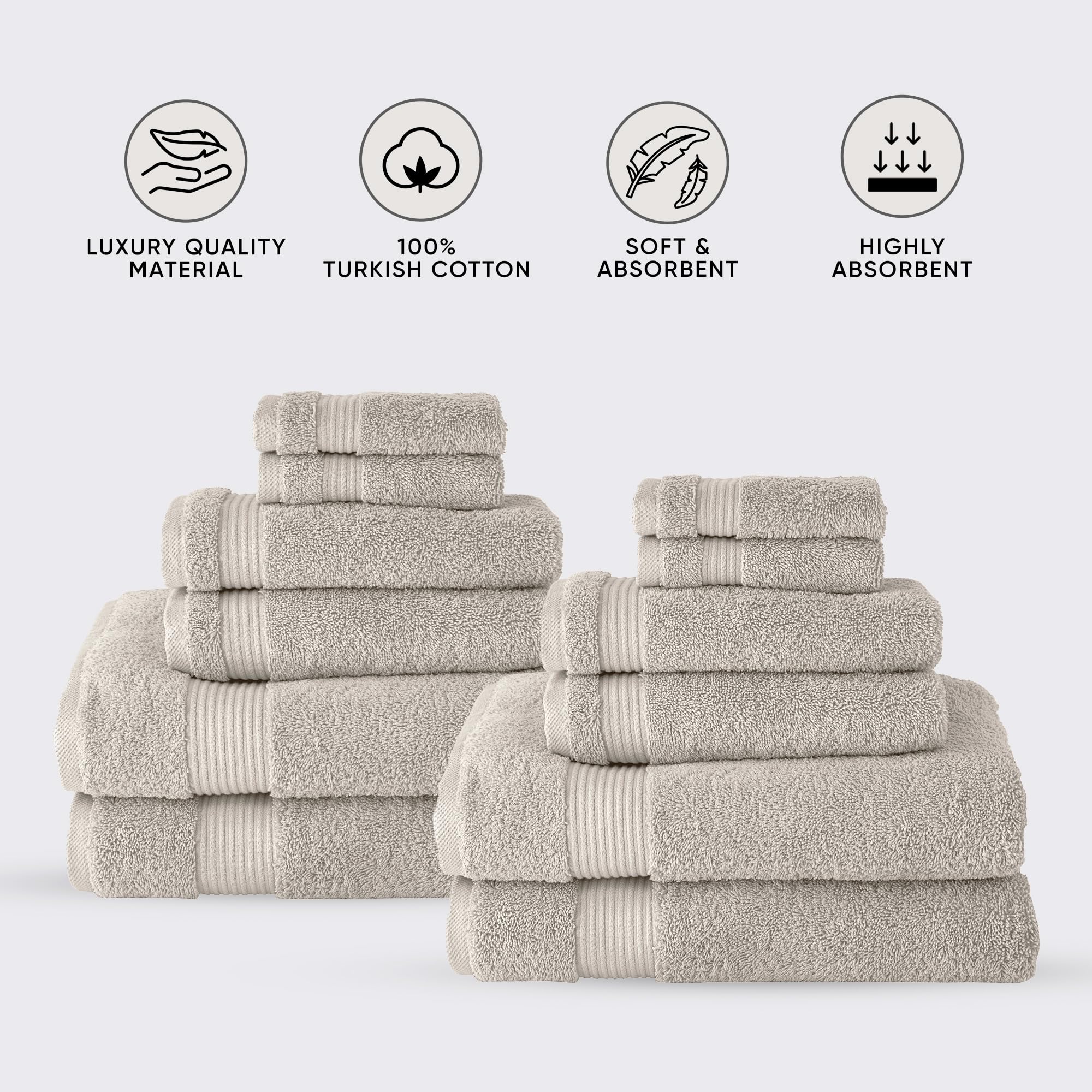 12-Piece Classic Turkish Cotton Towel Set - Ultra Absorbent & Quick-Drying Bathroom Towels (4 Bath, 4 Hand, 4 Washcloths) | 100% Premium Turkish Cotton | Soft & Luxurious for Spa, Beach & Home Use (Light Grey)