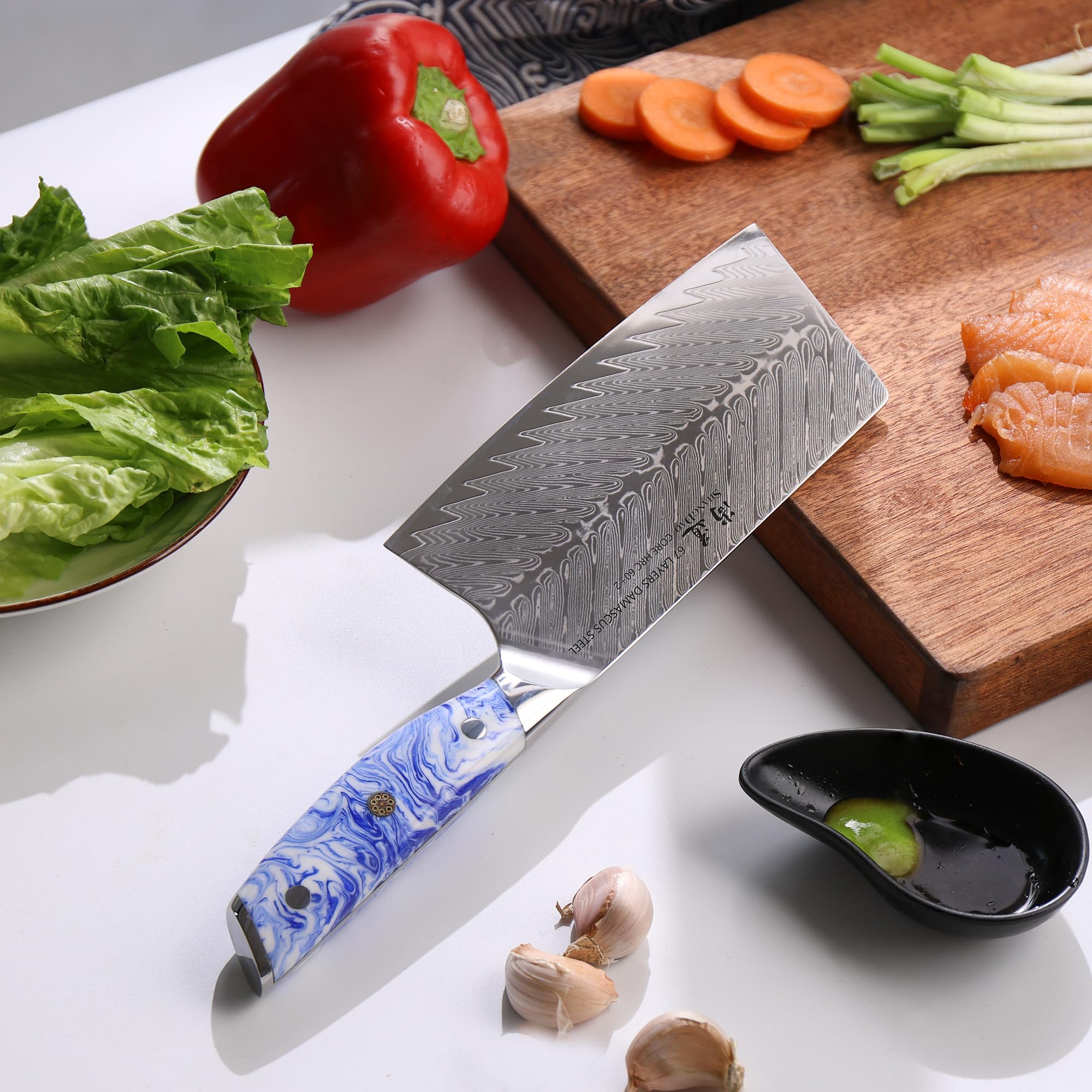 7 Inch Chinese Chef Knife - Professional Damascus Steel Cleaver for Chopping Vegetables & Meat - Forged Blue & White Resin Handle with Full Tang - Perfect for Home Kitchen, Restaurant & Butcher Use - HUA Series