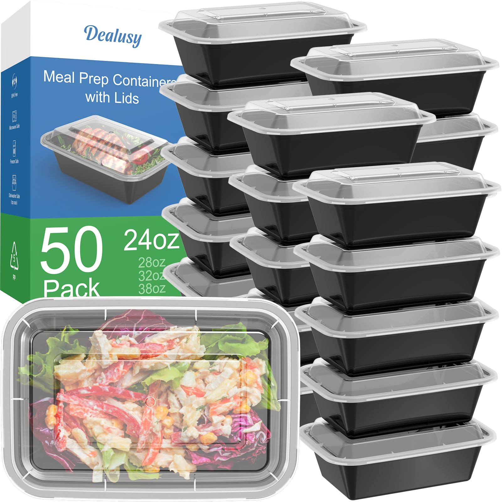 50-Pack (100-Piece) 24 oz Reusable Meal Prep Containers with Lids - Leakproof, Microwave, Freezer & Dishwasher Safe - BPA-Free Plastic Food Storage Containers for Meal Prepping, Leftovers, Takeout & Office Lunch