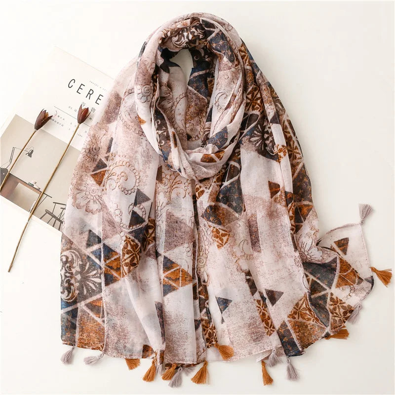 2023 Fashion Paisley Abstract Floral Tassel Viscose Shawl Scarf - Women's Lightweight Pashmina Wrap Stole & Muslim Hijab (180x90cm) - Perfect for Daily Wear, Office, Parties & Prayer