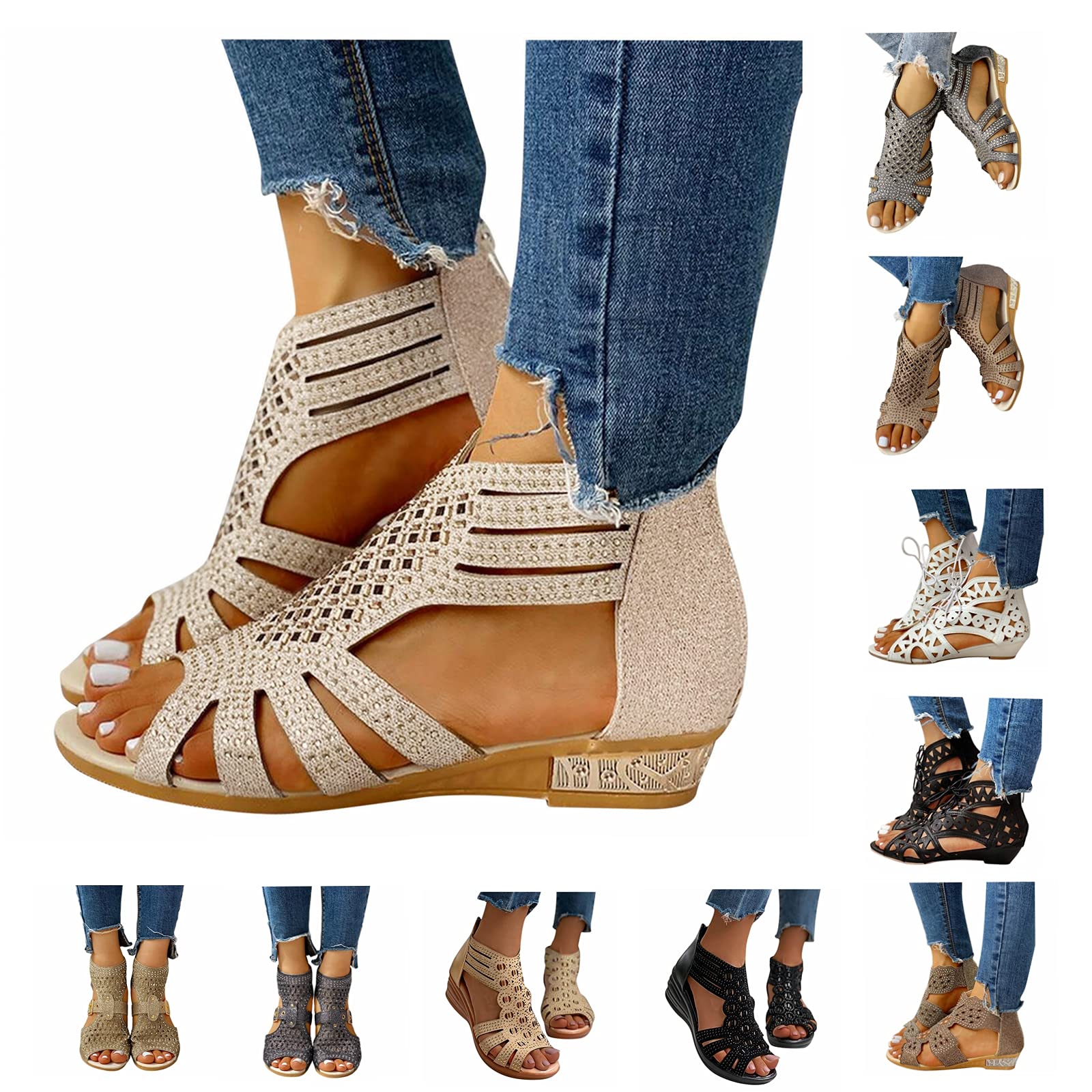 Women's Rhinestone Wedge Sandals - Adjustable Open Toe Platform Summer Sandals with Zipper Back | Roman Style Beach Shoes for Vacation, Wedding & Casual Outfits