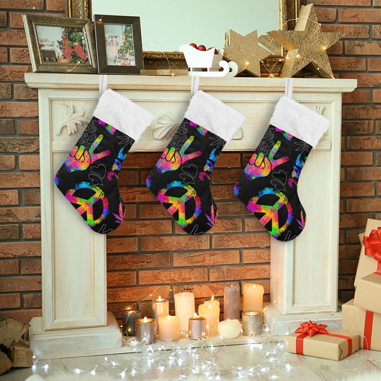 1 Pack Christmas Stocking with Rainbow Peace Love Sign - 17.7 Inch Fireplace Hanging Ornament for Holiday Decor | Perfect for Xmas Tree, Mantel & Gift Exchange
