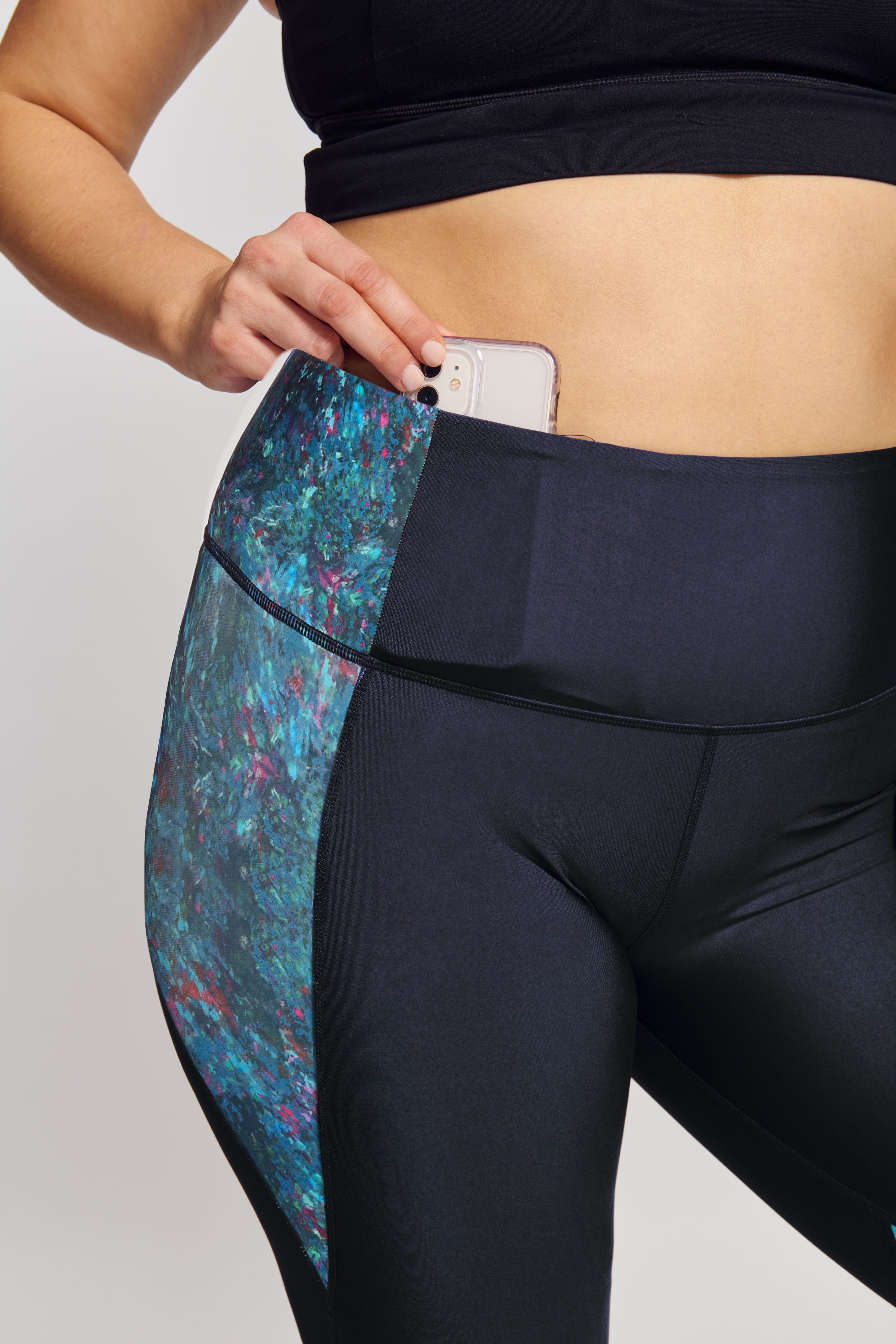High Waisted Slimming Capri Leggings for Women - Moving Waters Green - Tummy Control Workout Yoga Pants for Running, Gym & Lounge Wear