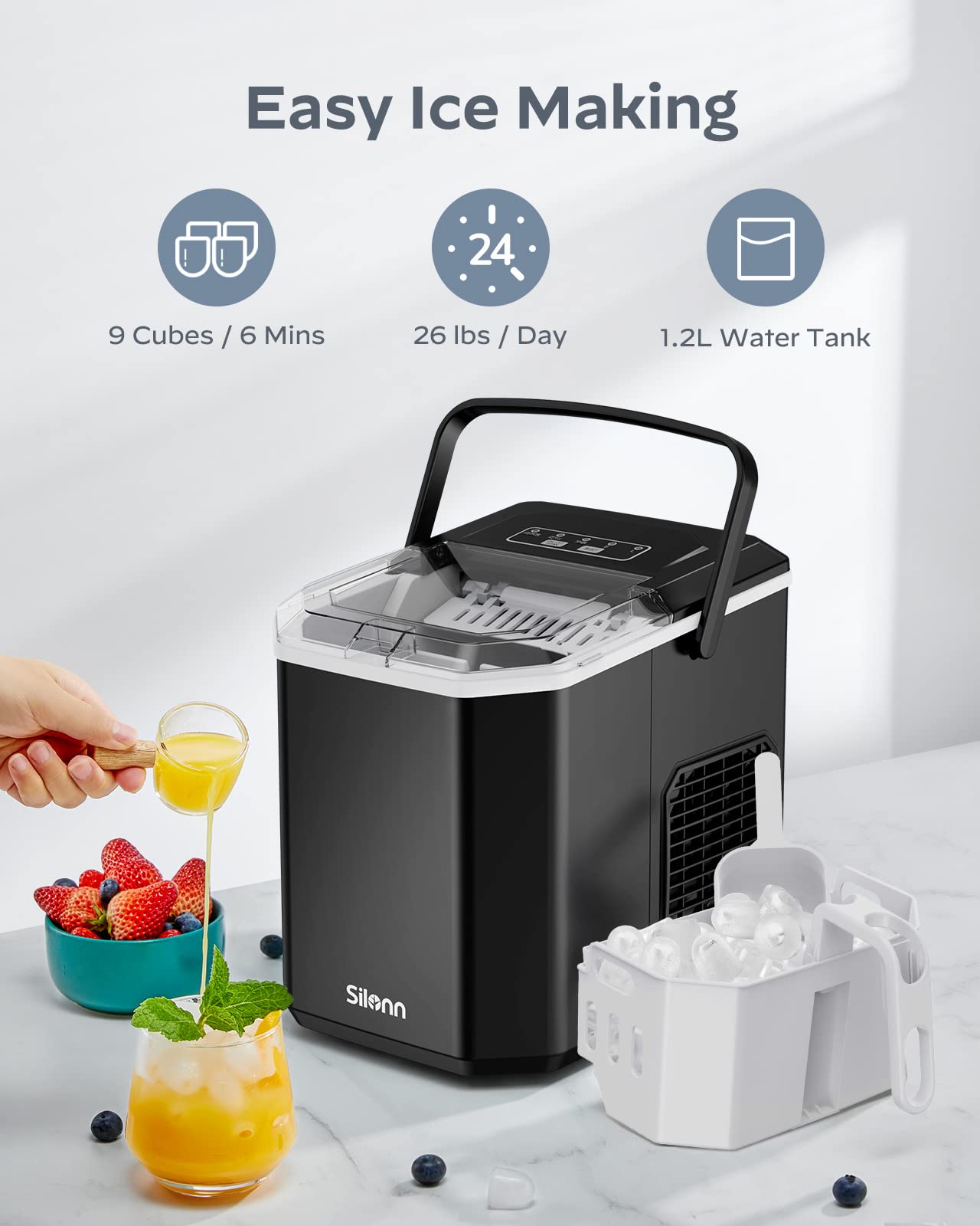 Portable Countertop Ice Maker Machine - Silonn Self-Cleaning Ice Maker with Basket & Scoop, Makes 9 Cubes in 6 Minutes, 26 lbs Daily - Perfect for Home Kitchen, Office, Camping, RV Travel & Outdoor Parties
