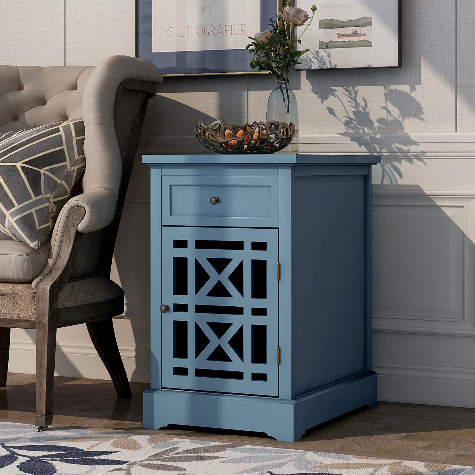 Vintage Farmhouse Nightstand with Hidden Storage & USB Port - Rustic Bedside Table for Small Spaces, Living Room, or Dorm (Navy Blue) - Perfect for Charging Devices & Organizing Essentials