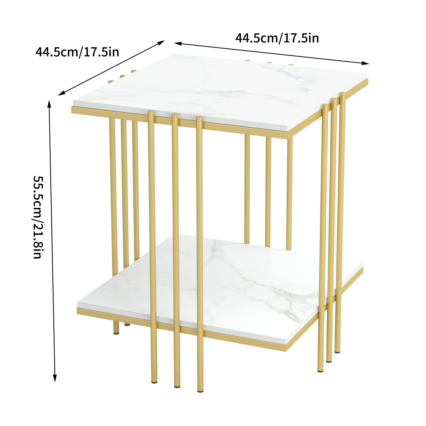 Wisfor Sintered Stone End Table - 2 Tier Square White Sofa Side Table with Golden Frame - Modern Small Coffee Table & Bedside Nightstand for Living Room, Bedroom - Perfect for Coffee, Books & Decor Display