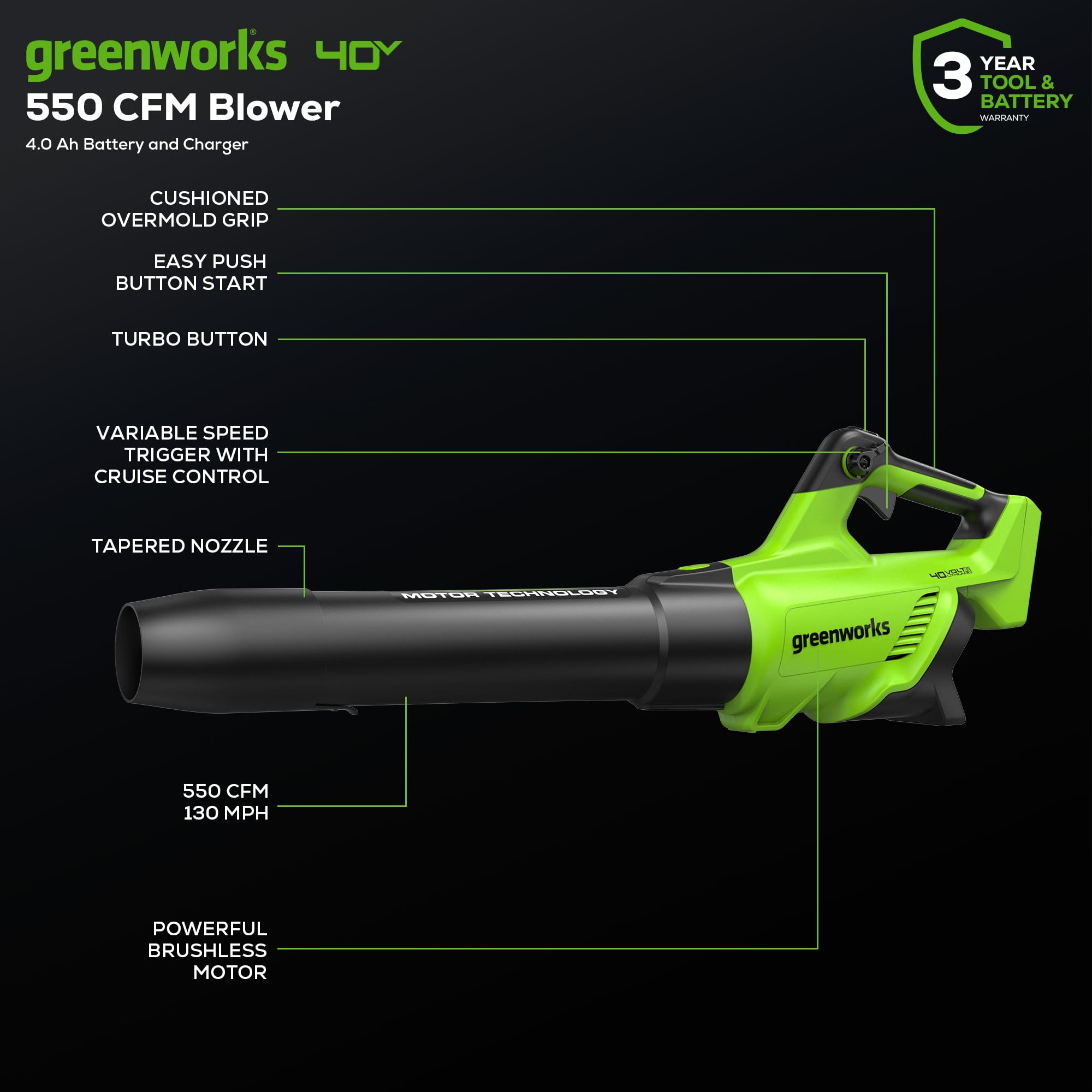 Greenworks 40V Cordless Leaf Blower with Brushless Motor - 130 MPH / 550 CFM - Includes 4.0Ah Battery & Charger - Compatible with 75+ Tools - Perfect for Yard Cleaning, Driveway Clearing & Fall Leaf Removal