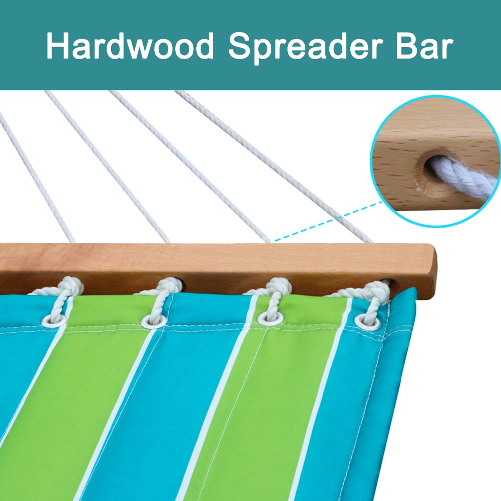 2 Person Heavy Duty Outdoor Hammock with Curved Spreader Bar & Pillow - Portable Hammock Stand for Garden, Backyard, Pool, Beach - Perfect for Relaxing, Camping & Vacation (Green Stripe)