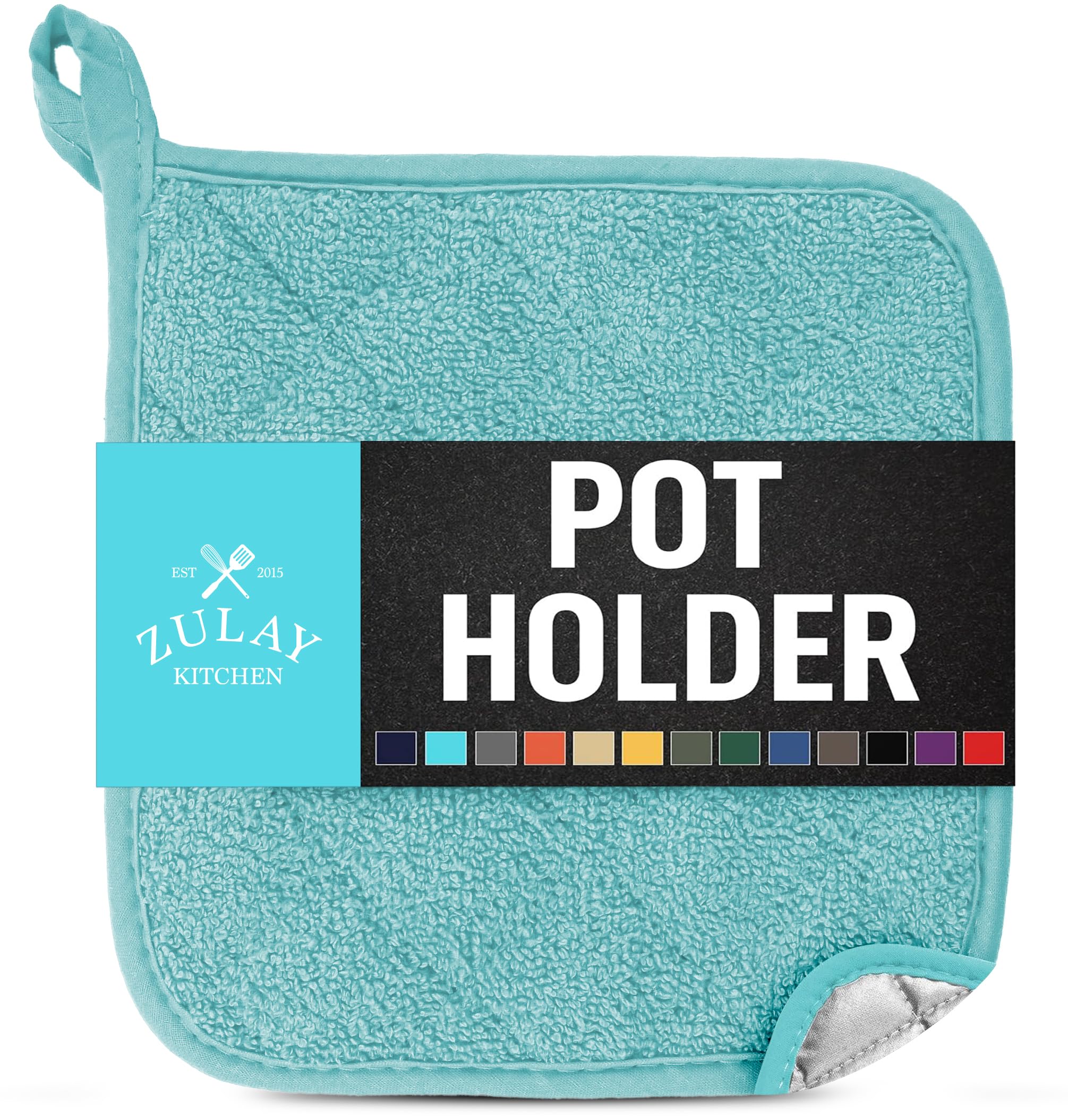Zulay Premium Heat Resistant Cotton Pot Holders - 7x7 Inch Quilted Terry Cloth Kitchen Potholders Set (Aqua) - Washable & Durable for Cooking, Baking, Grilling & Hot Dish Handling - Perfect for Stovetop, Oven & BBQ Use