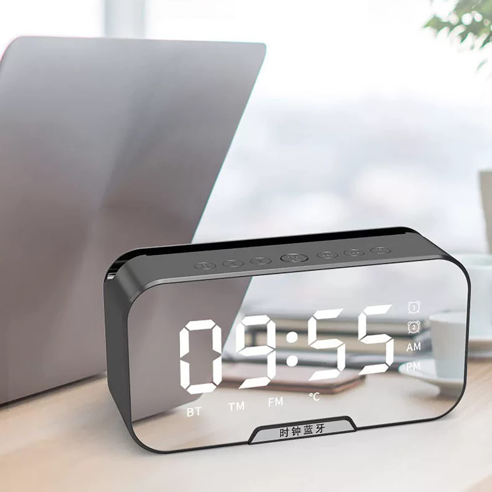 TZNBGO Digital Mirror Alarm Clock with Bluetooth Speaker, Wireless Portable Alarm Clock with FM Radio, Temperature Display & Dimmable LED - Perfect for Bedroom, Office, and Travel Use