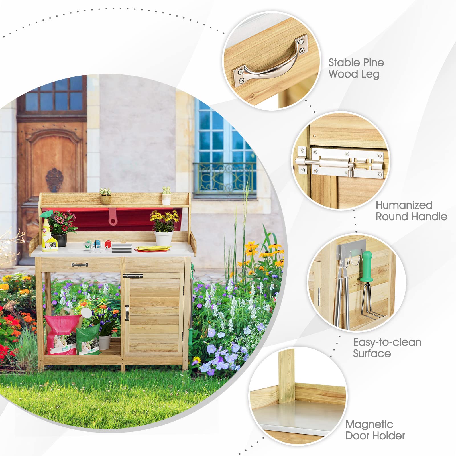 SAFSTAR Outdoor Potting Bench Table - Wooden Garden Workstation with Drawer, Storage Cabinet, Open Shelf & Side Hooks - Durable Metal Tabletop Gardening Workbench for Backyard, Balcony & Patio - Perfect for Planting, Potting & Organizing Garden Tools