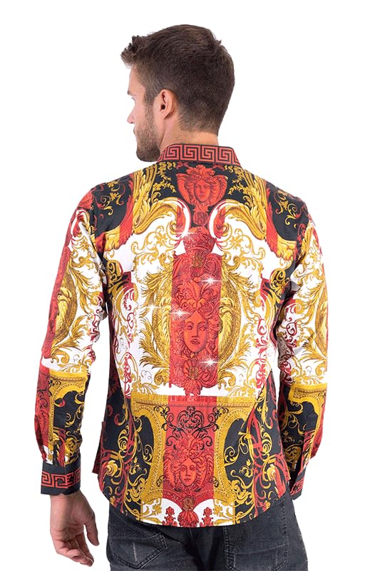 Barabas Men's Greek Pattern Medusa Rhinestone Shirt - Stylish Red Casual Button Down Shirt for Men, Size M | Perfect for Parties, Date Nights & Fashion Events