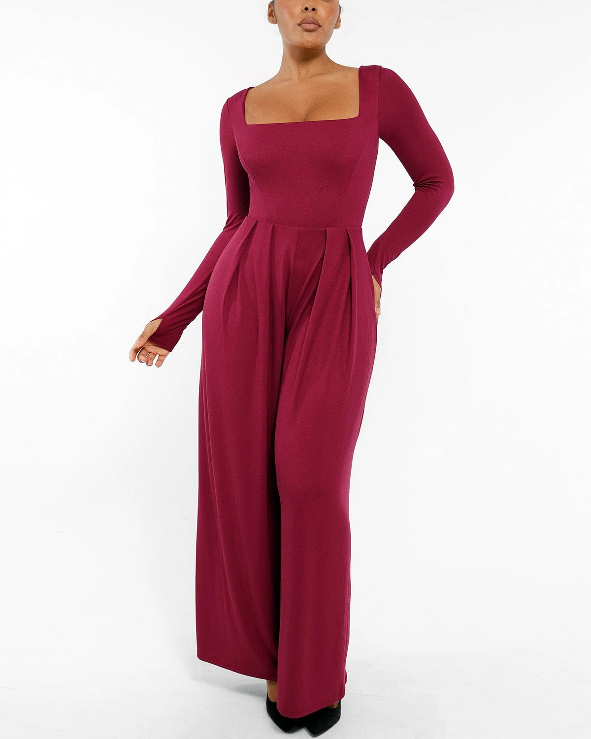 Square Neckline Slimming Jumpsuit for Women - Tummy Control Bodysuit with Built-in Shapewear - Perfect for Parties, Date Nights & Special Occasions