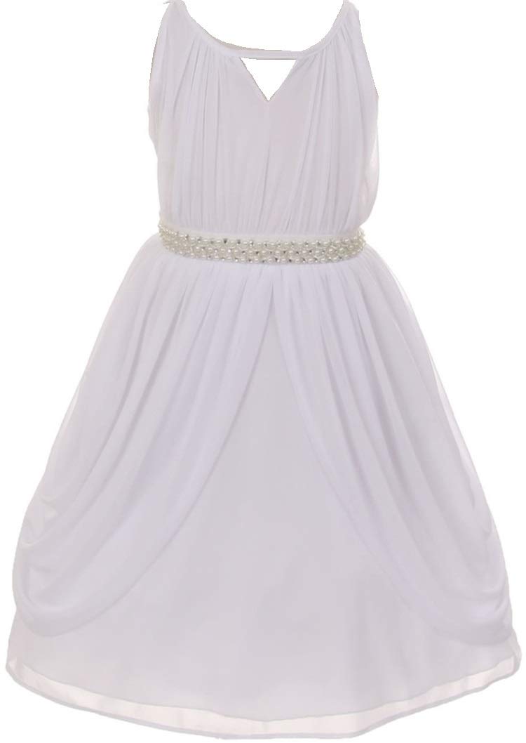 Little Girls Sleeveless Chiffon Dress with Rhinestone & Pearl Details - Elegant Easter Party & Flower Girl Dress for Weddings, Baptisms & Special Occasions