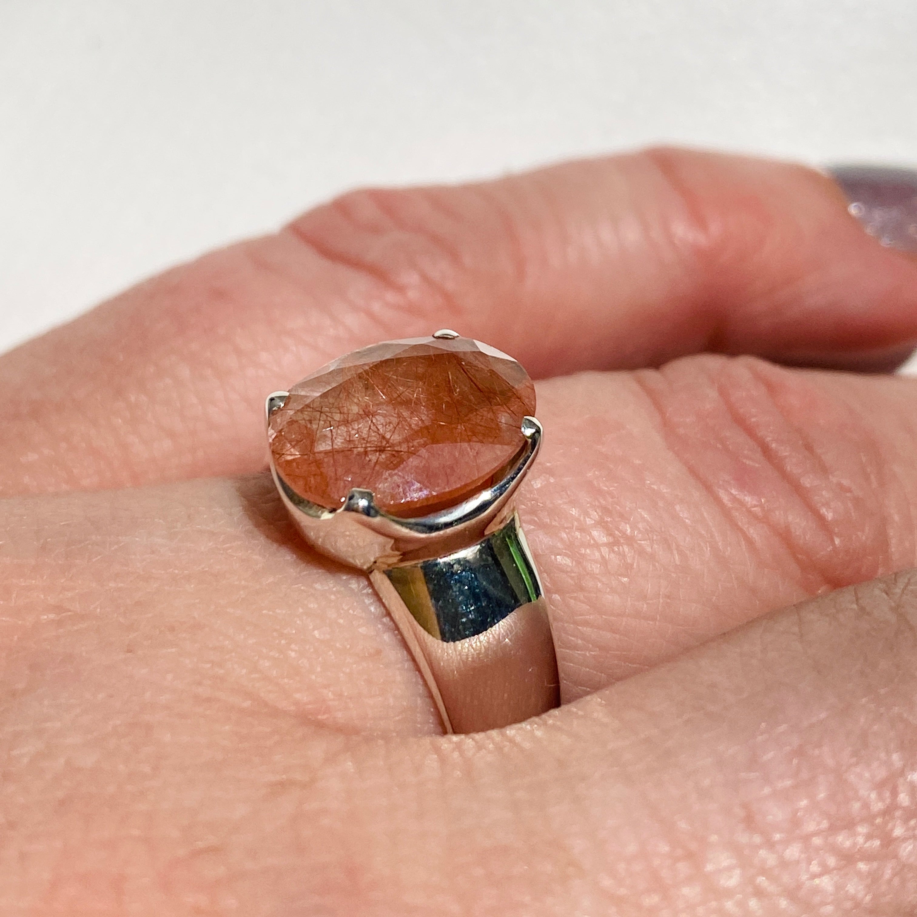 Natural Rutilated Quartz (Red) Oval Faceted Ring Size 6.5 - Handmade Sterling Silver Jewelry for Women, Gift for Her, Wedding, Anniversary & Special Occasions
