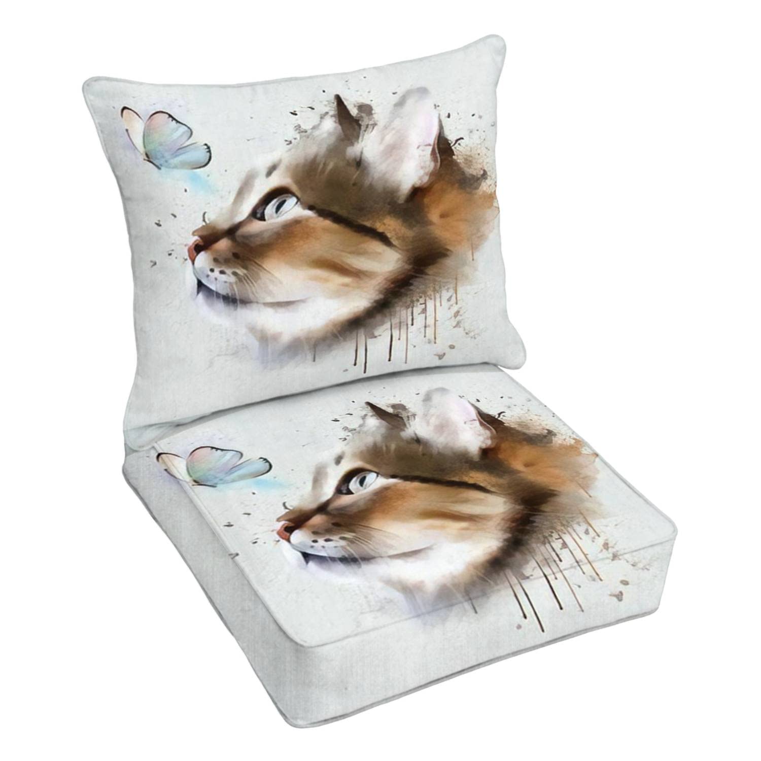 Premium Outdoor Deep Seating Cushion Set - Cat & Butterfly Design White Patio Furniture Replacement Cushions for Lounge Chairs - Perfect for Backyard, Poolside & Garden Conversation Areas