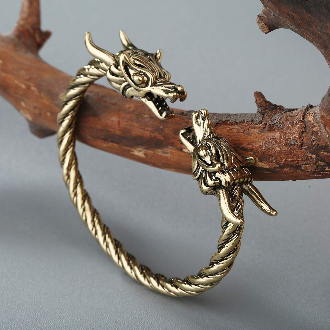 AILUOR Norse Viking Dragon Cuff Bracelet for Men - Adjustable Gold & Silver Pagan Jewelry, Cool Twisted Arm Rings for Medieval, LARP & Fantasy Costume Accessories
