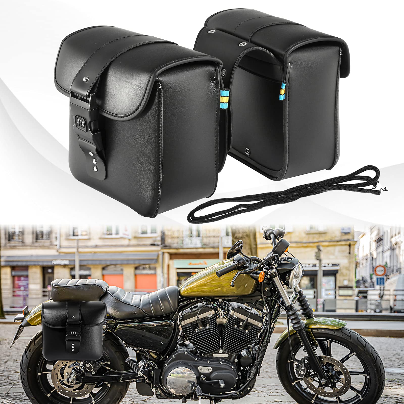 OXMART Universal Motorcycle Saddlebags - PU Leather Throw Over Panniers with Quick-Release & Lock System - Fits Harley Sportster, Softail & Dyna Models - Perfect for Long Rides, Touring & Daily Commuting