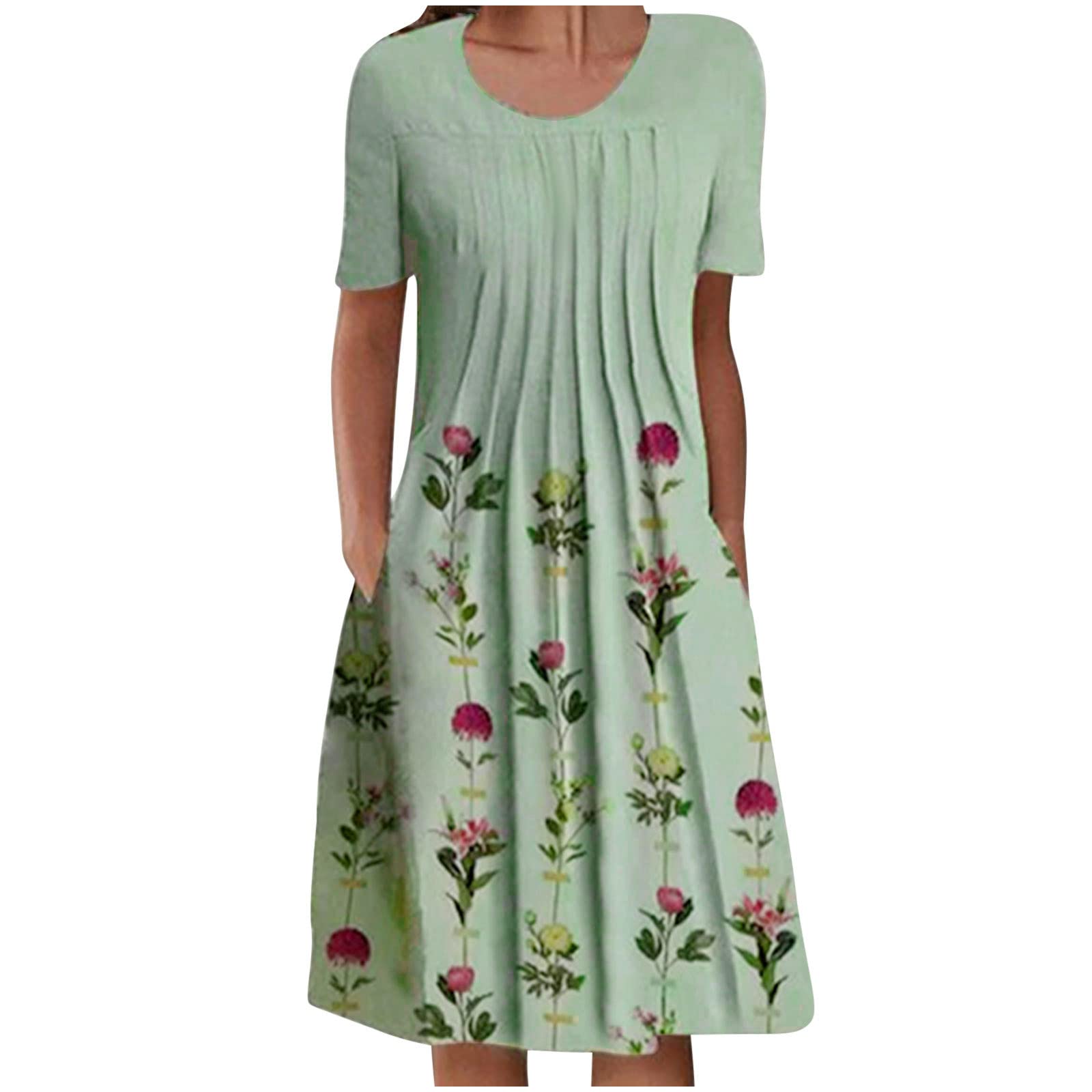 YSLMNOR Women's Summer Folding Dress - Crewneck Short Sleeve Casual Sundress for Beach, Party & Travel - Lightweight Green Dress for Outdoor Activities & Vacation Wear