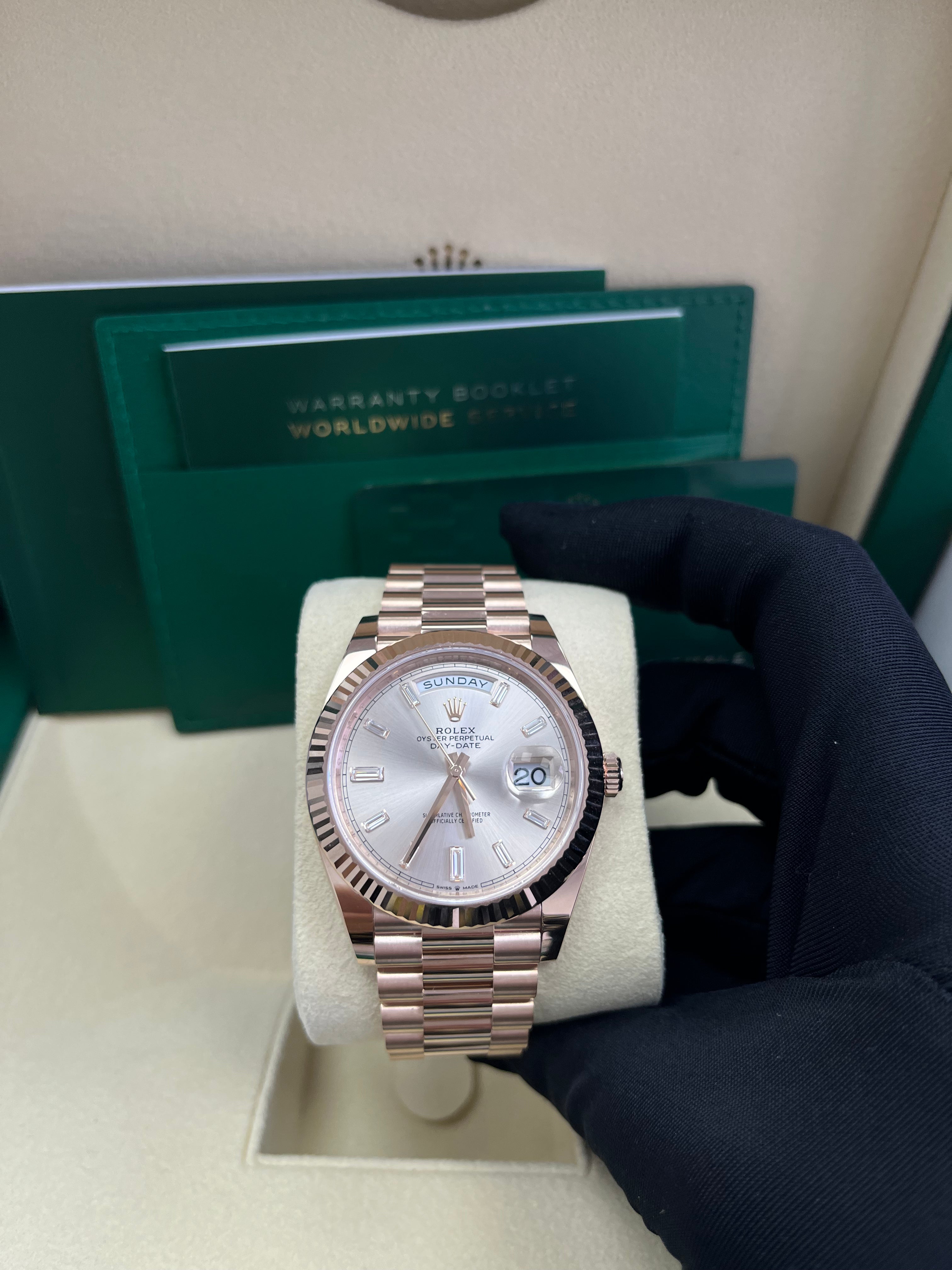 Rolex Day Date 40 Watch - 18K Yellow Gold, Fluted Bezel, Sundust Baguette Diamond Dial, President Bracelet 228235 | Luxury Dress Watch for Business & Formal Occasions