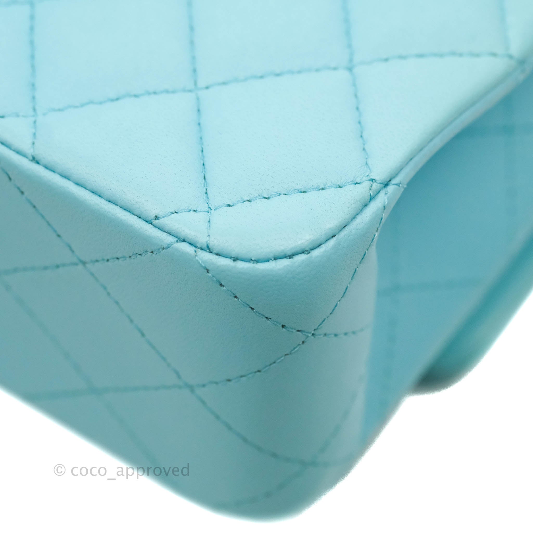 Chanel Classic Medium Double Flap Bag in Tiffany Neon Blue Lambskin with Silver Hardware 21S Collection - Perfect for Evening Events & Luxury Fashion Accessories