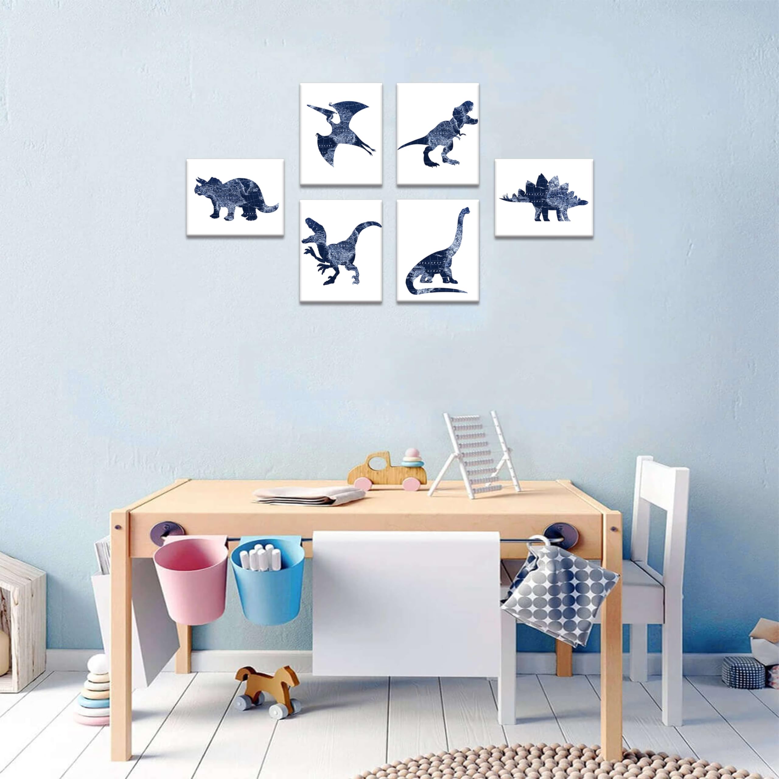 Navy Blue Dinosaur Wall Art Decor Set - 6 Pack 8x10 Inch Stretched Canvas Prints for Boys Room, Kids Bedroom & Nursery - Jurassic Themed Dinosaur Wall Decals & Room Decorations | Perfect for Dinosaur Lovers, Birthday Gifts & Themed Bedroom Design