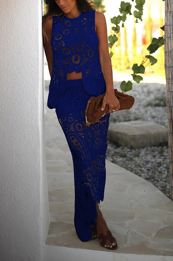 Crochet Lace Elastic Waist Maxi Skirt with Irregular Hem - Boho Summer Beach Dress for Vacation, Wedding, or Casual Outings