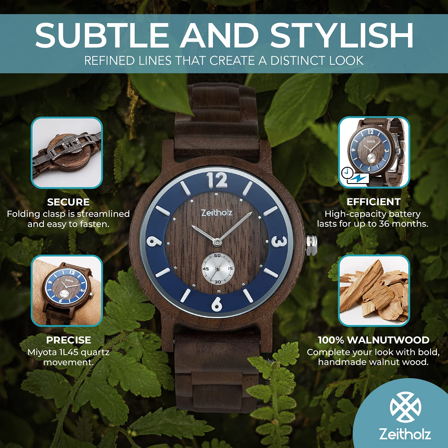 Zeitholz Men's Wooden Watch - 44mm Analog Wood Watch with Japanese Quartz Movement, 100% Natural Walnut Wood - Perfect for Casual Wear, Outdoor Activities & Unique Gifts for Men (Schmiedeberg Collection)