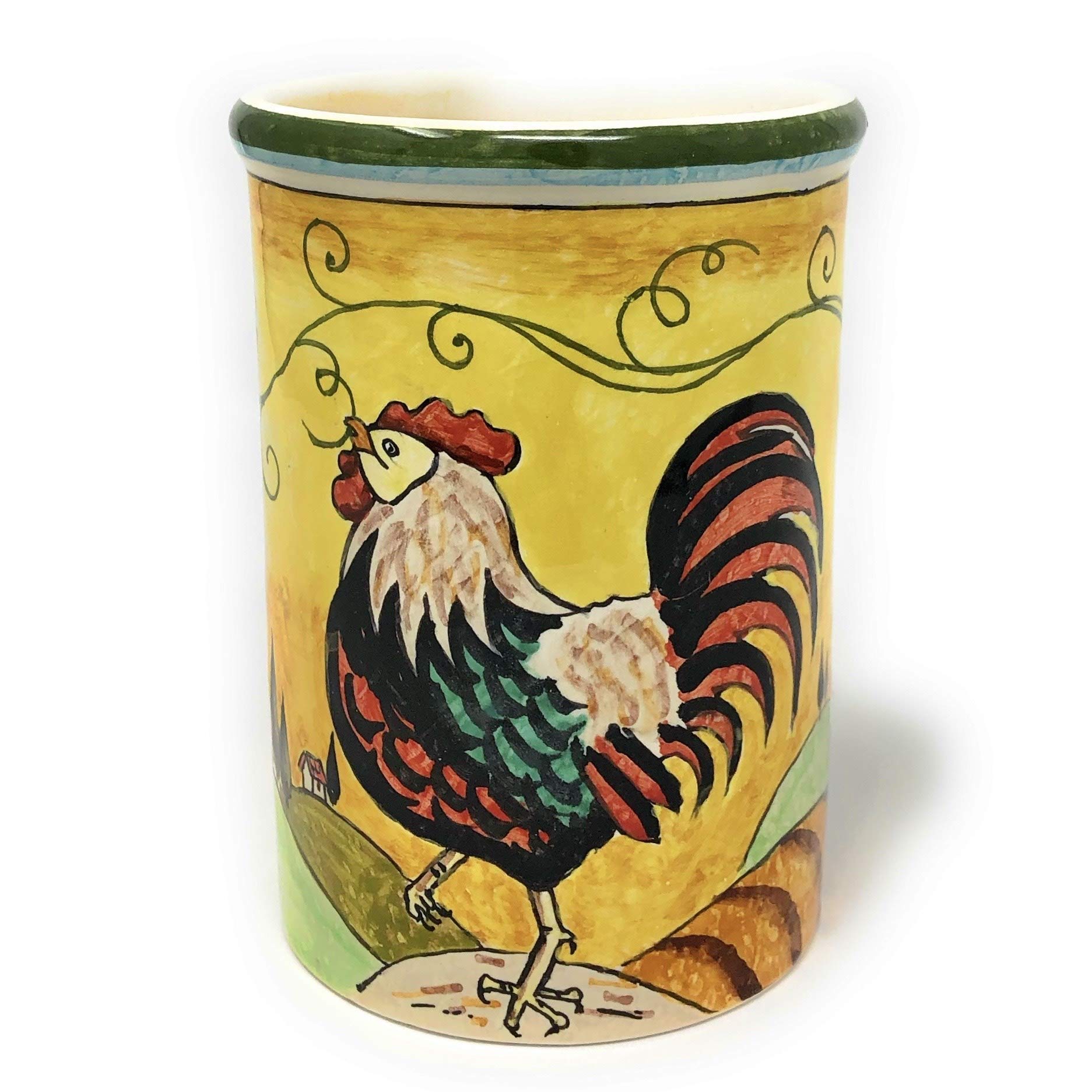 Italian Ceramic Utensil Holder - Hand Painted Tuscan Rooster Design Art Pottery Made in Italy | Kitchen Countertop Decor, Farmhouse Style Home Accessory