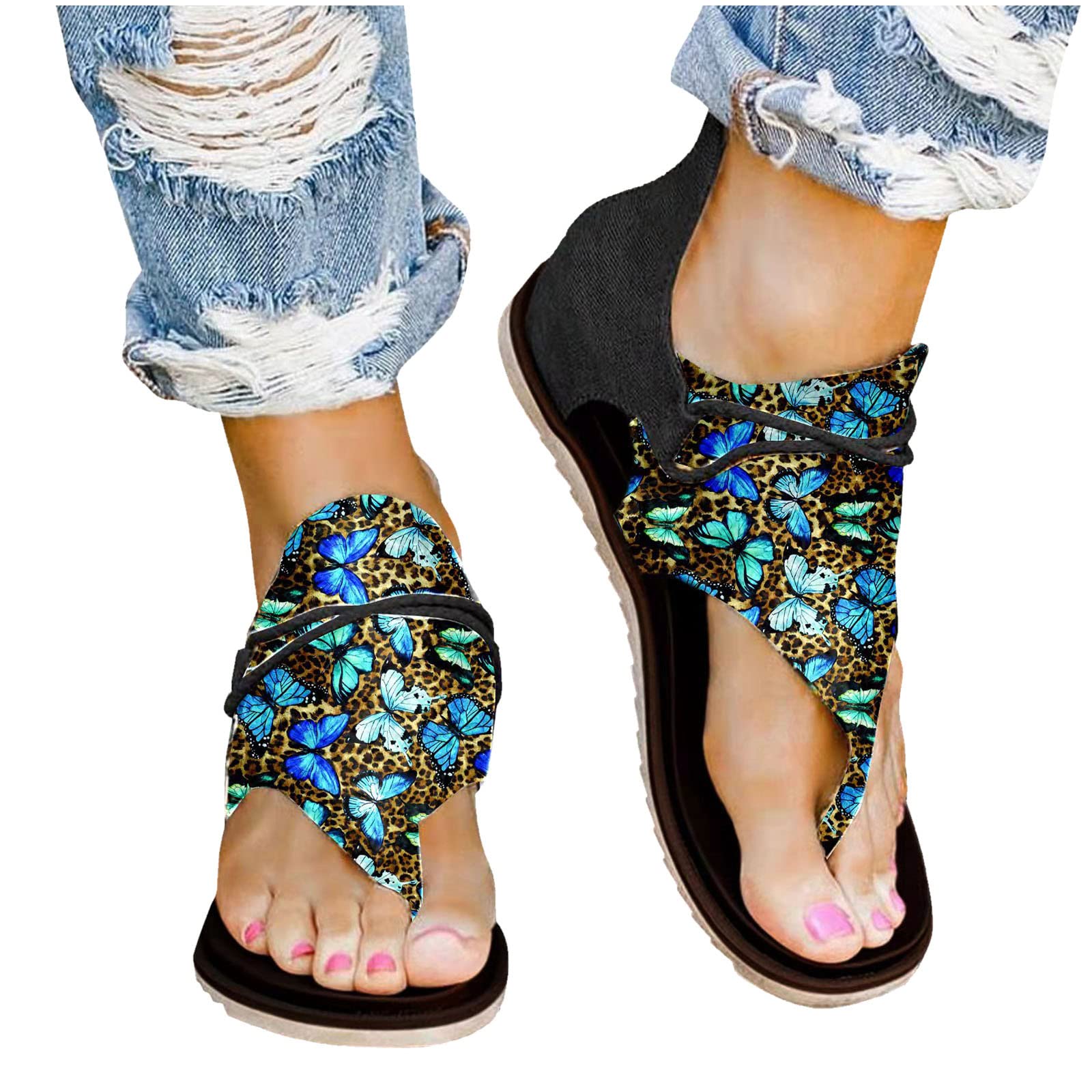 Fridja Women's Casual Summer Roman Open Toe Sandals - Sunflower Print Zipper Comfortable Flats for Beach, Walking & Outdoor Activities