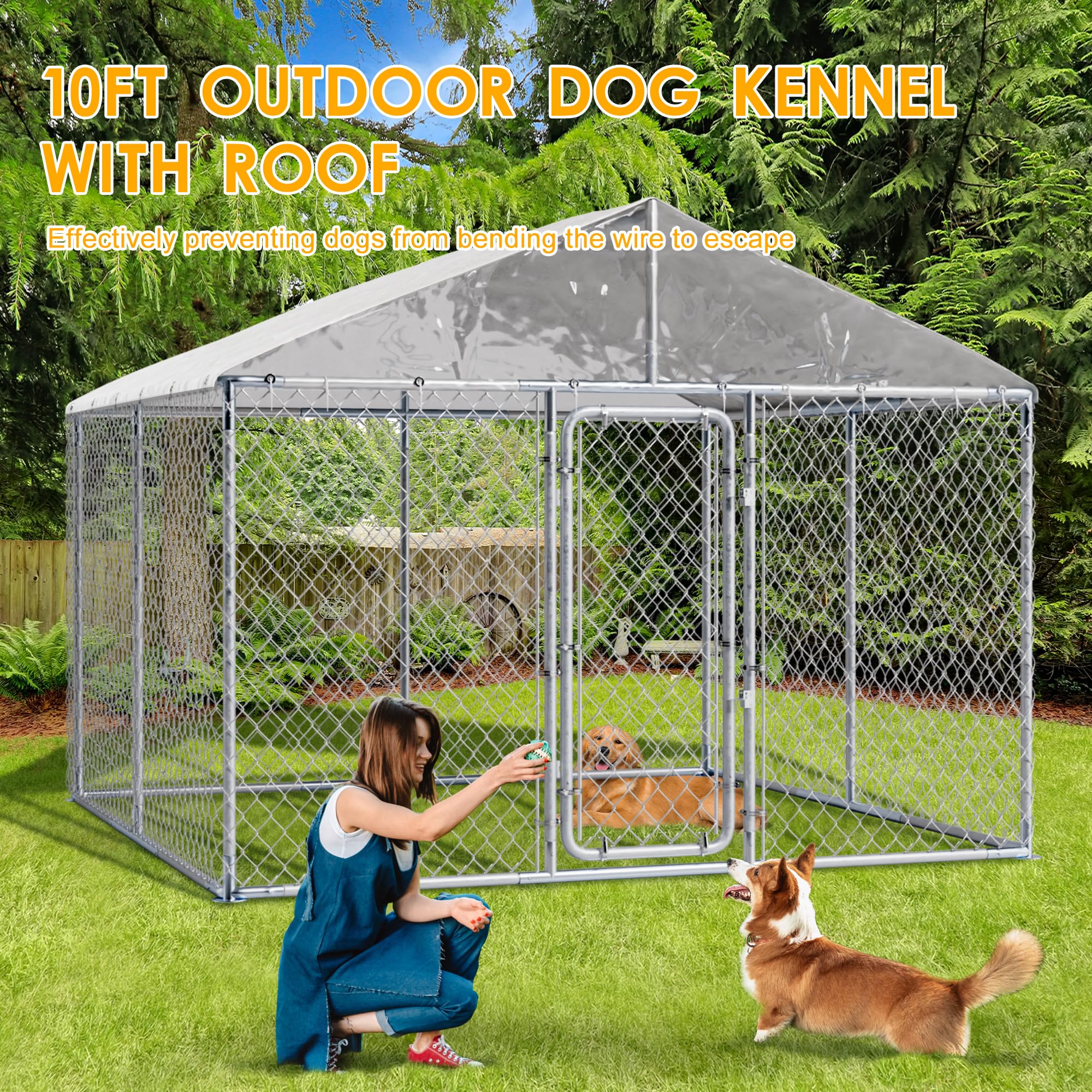 10 FT Large Heavy Duty Outdoor Dog Kennel with Roof - Galvanized Chain Link Dog Run & Pet Playpen - Waterproof UV-Resistant Cover & Secure Lock (118