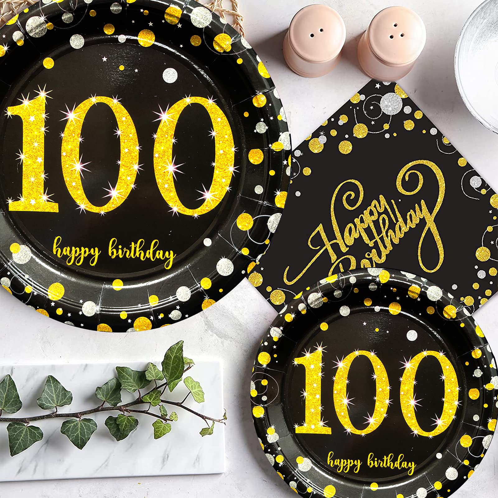 Trgowaul 100th Birthday Party Supplies Set - 24-Piece Black & Gold Disposable Plates, Napkins, Cups, Cutlery & Table Cover with Decor Balloons & Banner - Elegant Centennial Celebration Decorations for Adults & Seniors