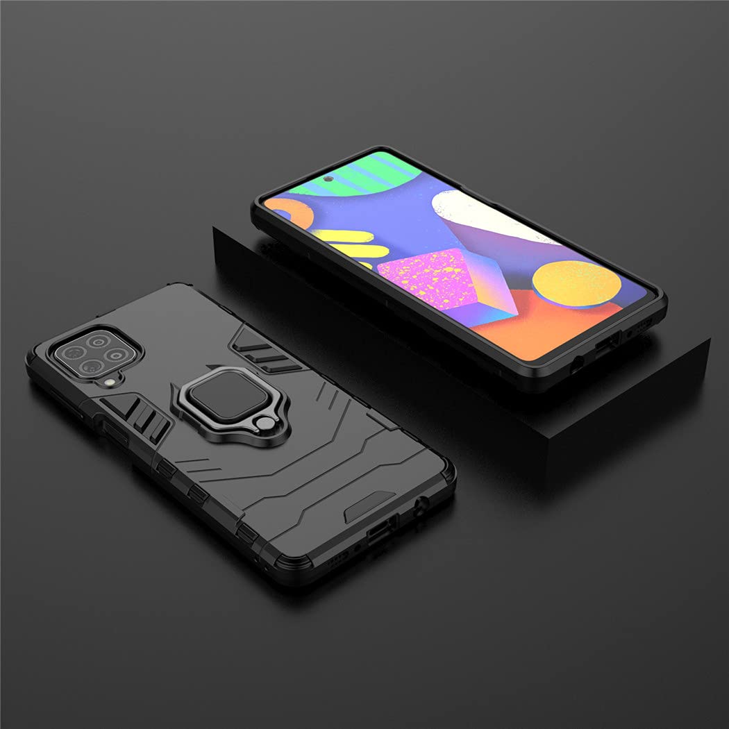 Samsung Galaxy F62 Case with Metal Ring & Kickstand - Shockproof Hard Bumper, Magnetic Car Mount Compatible, Dual Layer Rugged Cover (Black) - Perfect for Outdoor Activities, Travel & Daily Protection