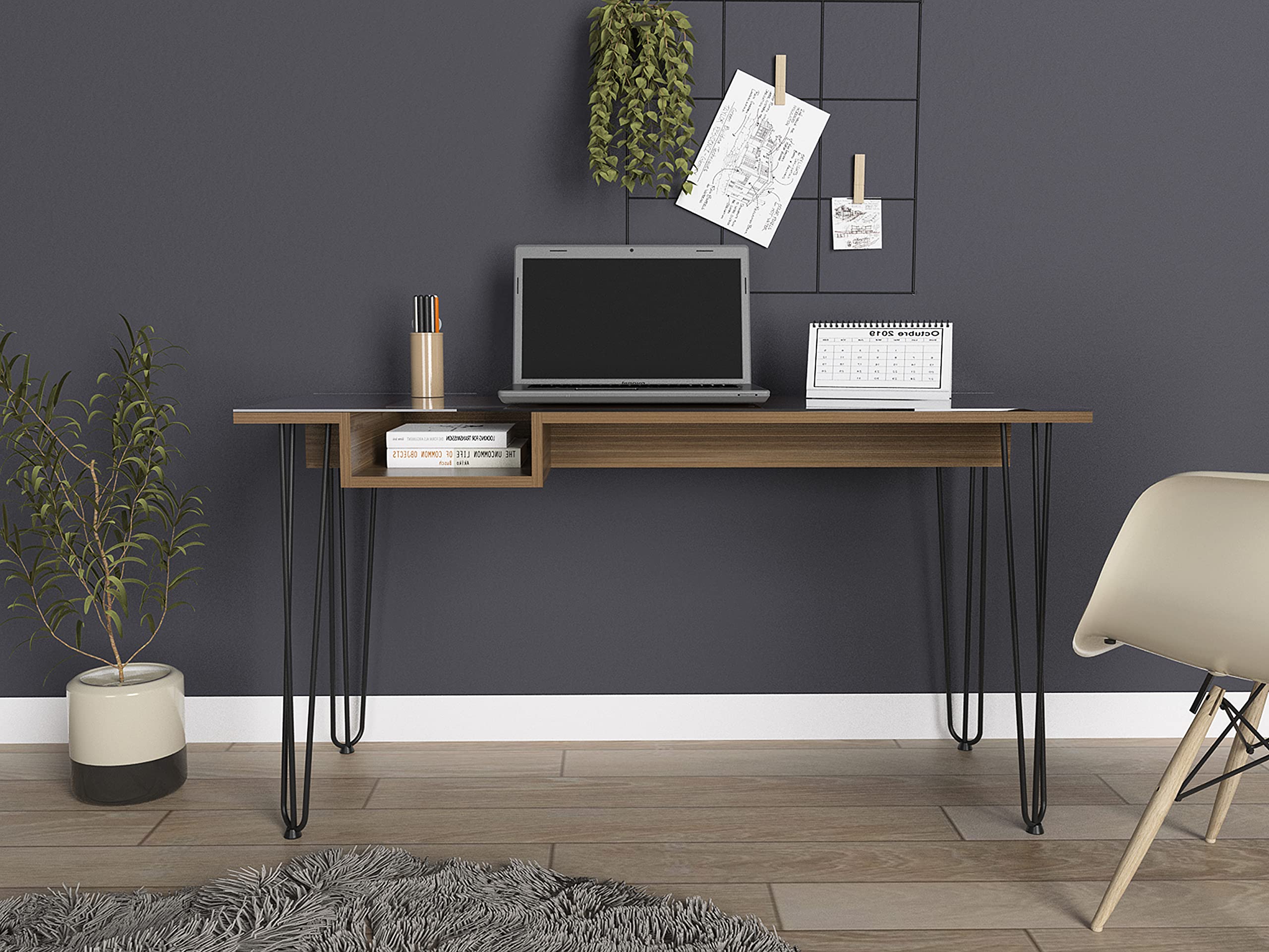 Kyoto 140 29-Inch Tall Writing Desk with Hairpin Legs - Solid Mahogany Wood Modern Home Office Desk for Study, Work & Small Spaces
