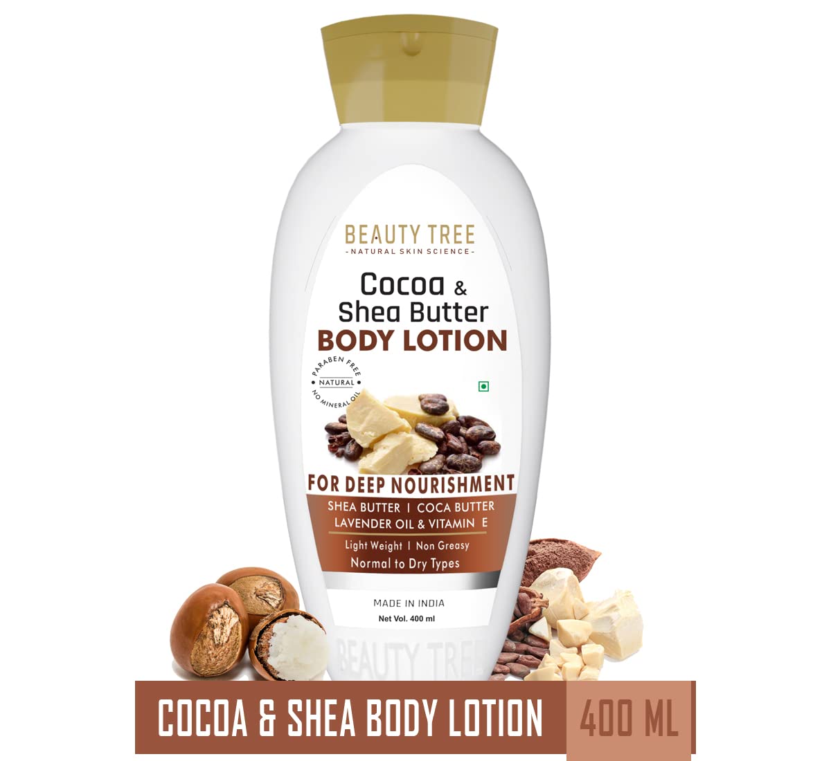 BEAUTY TREE Cocoa & Shea Butter Body Lotion - Deep Moisturizing for Dry Skin with Shea Butter, Cocoa Butter, Lavender Essential Oil & Vitamin E - 400ml - Perfect for Daily Hydration & Relaxing Massage at Home or Spa