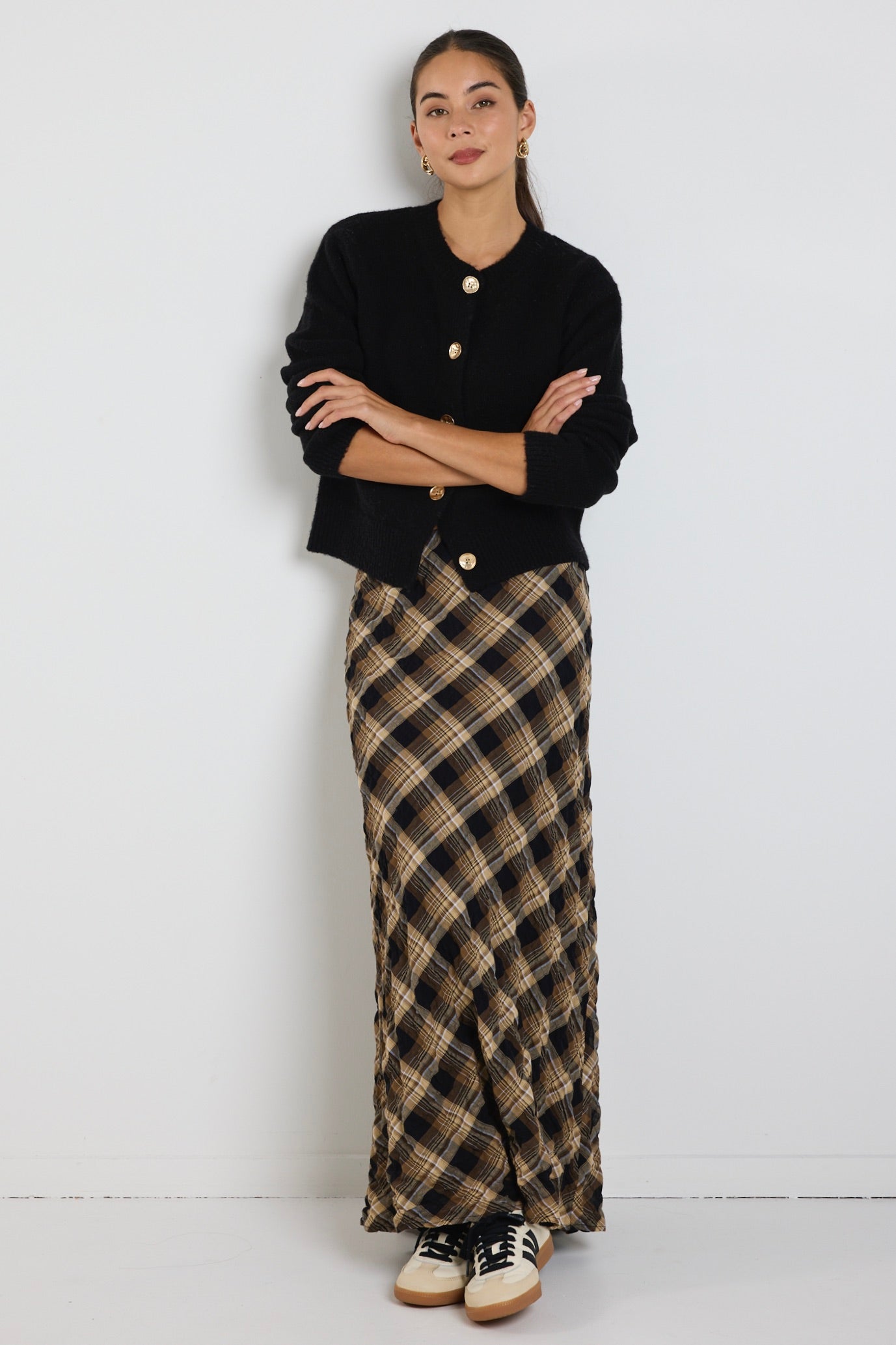 Breathe Caramel Check Bias Maxi Skirt - Women's Flowy A-Line Long Skirt with Side Slit | Perfect for Boho Chic, Beach Vacation & Casual Outfits