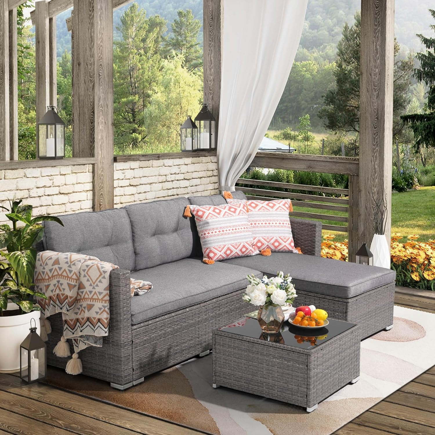 JOIVI 3-Piece All-Weather Outdoor Patio Furniture Set - Wicker Rattan Sectional Sofa with Cushions & Tempered Glass Table - Gray - Perfect for Backyard, Garden, Poolside & Patio Relaxation