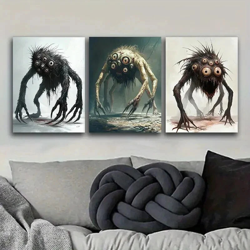 3-Piece Eye Monster Art Painting - Metal Print Wall Decor Ready to Hang - Gothic Home Decor for Living Room, Bedroom & Office