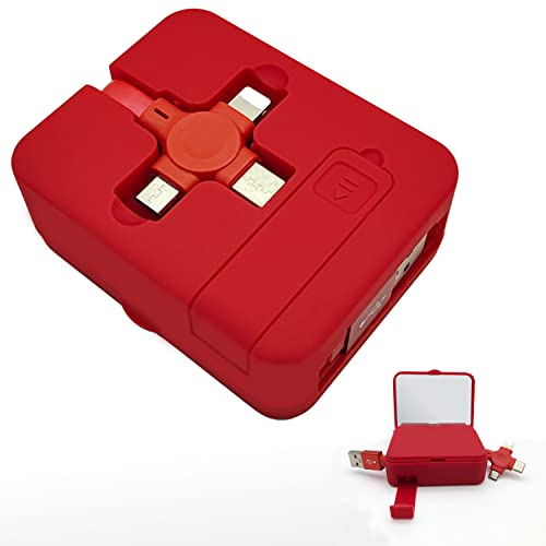 3-in-1 Retractable USB Charging Cable with Phone Holder Mirror - Fast Charging USB C/Micro Cable Compatible with iPhone, Android, Tablets (Red) - Perfect for Travel, Office, and Home Use