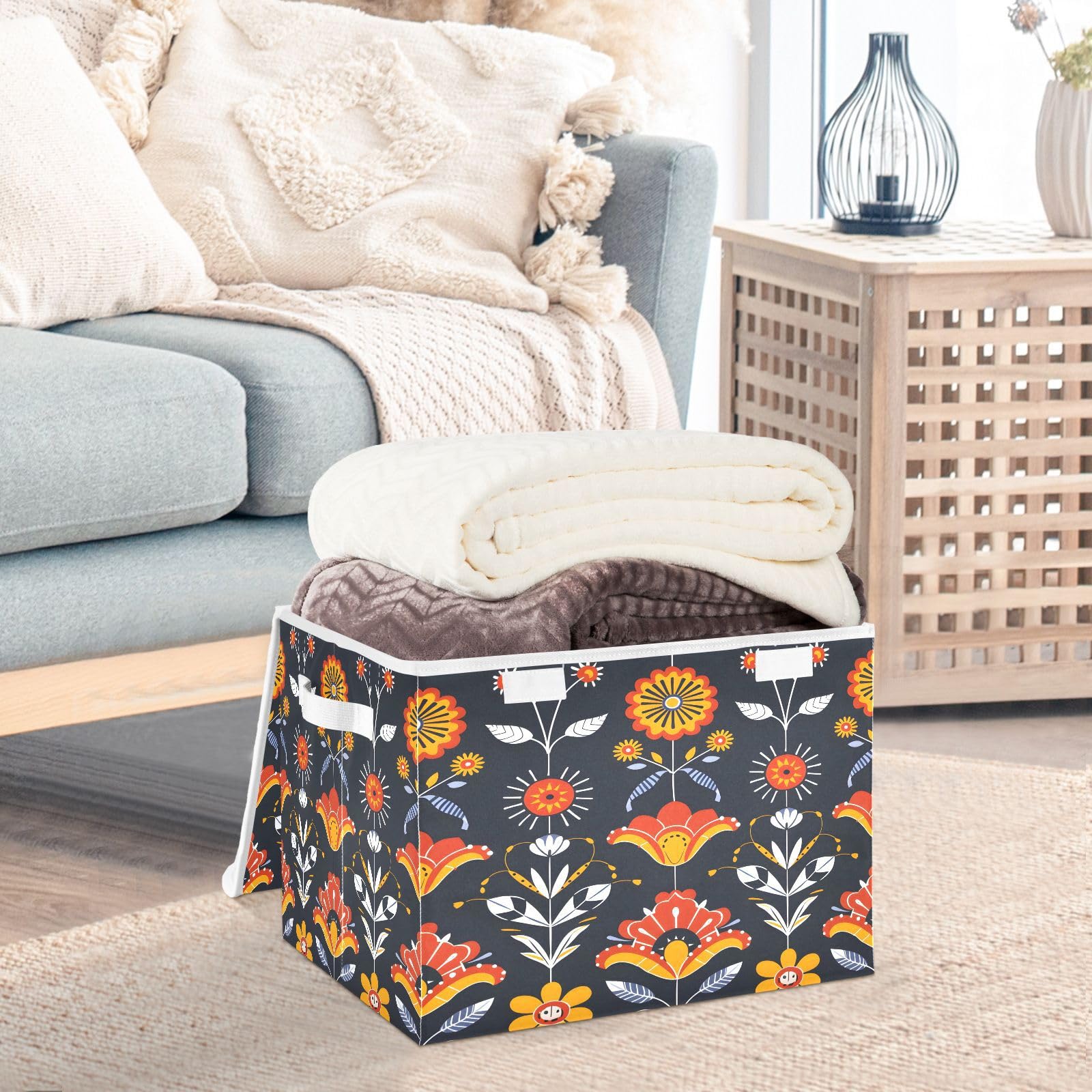 Floral Pattern Fabric Storage Bins with Lids - Foldable Collapsible Organizer Containers for Home, Bedroom, Closet & Office - Perfect for Seasonal Decor, Laundry, and Toy Storage
