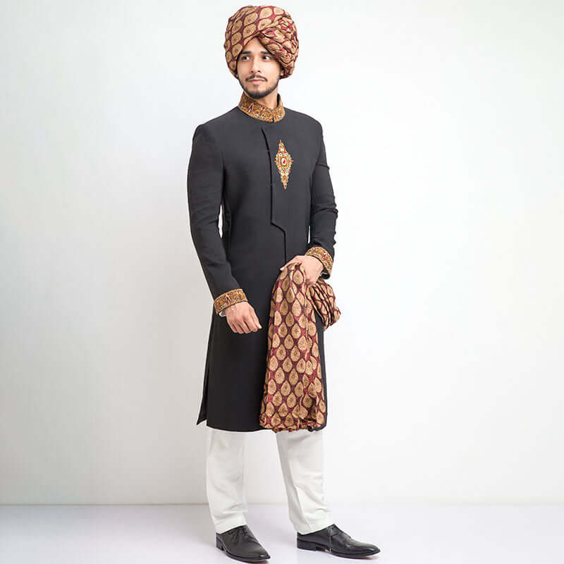 Elegant Black Jewel Embroidered Sherwani for Men | Premium Fitted Indian Wedding Attire | Perfect for Grooms, Festivals & Special Occasions