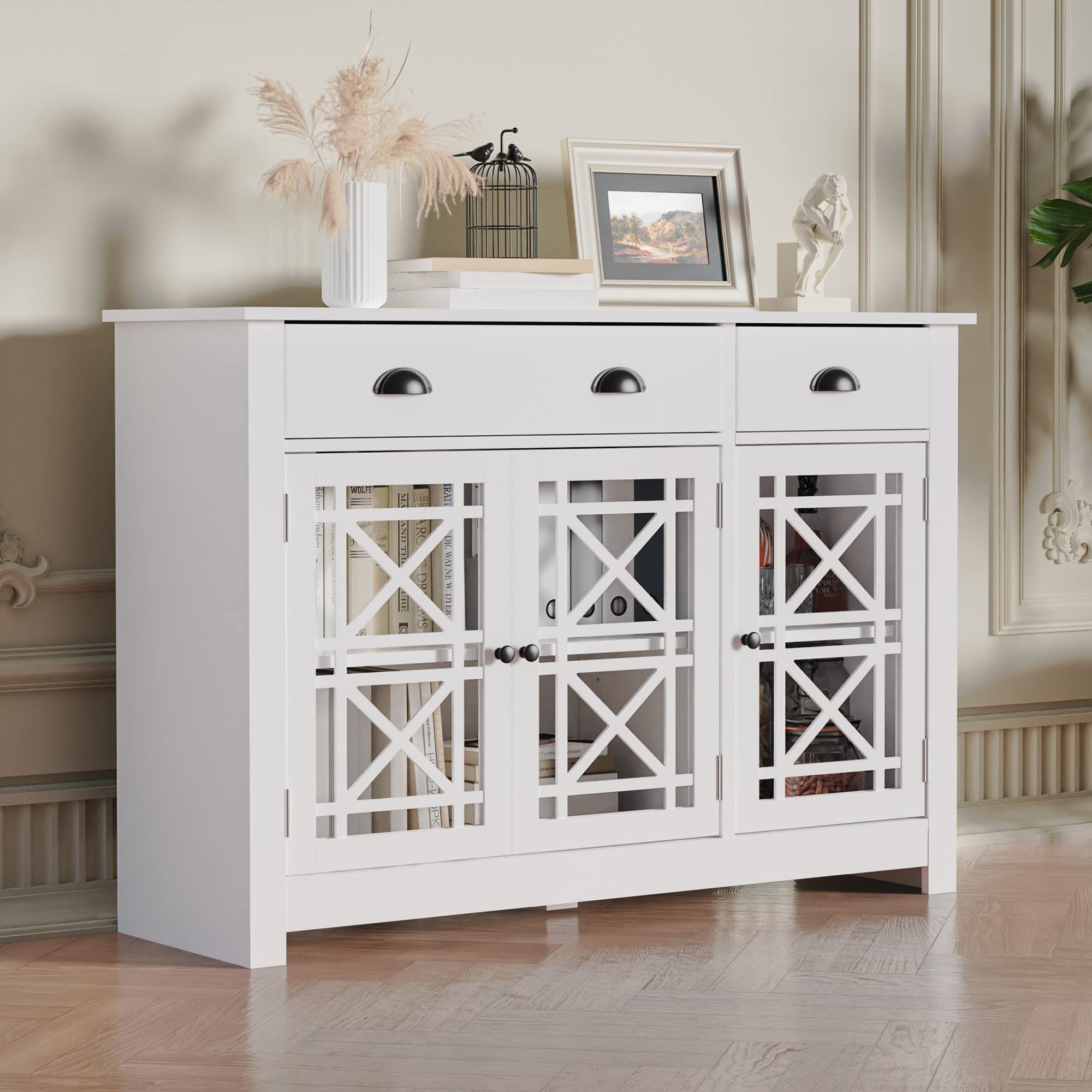 Modern White Wood Buffet Cabinet with 3 Acrylic Glass Doors - Freestanding Storage Sideboard for Dining Room, Living Room & Bar Area - Cozy Castle Collection