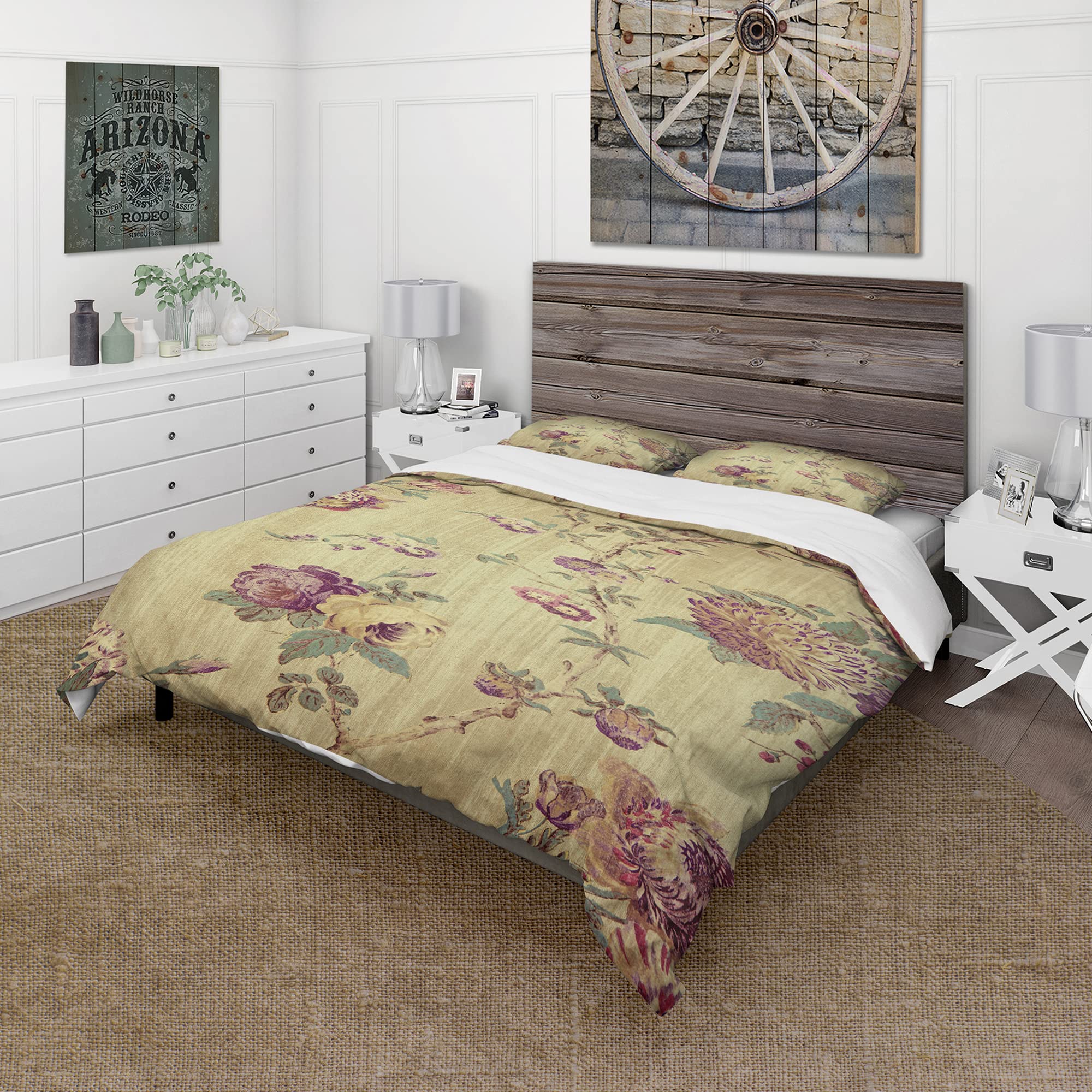 DesignQ Vintage Purple Flowers Bohemian & Eclectic Duvet Cover Set - Queen Size 3-Piece Floral Bedding | All Season Comfort for Bohemian Bedroom Decor