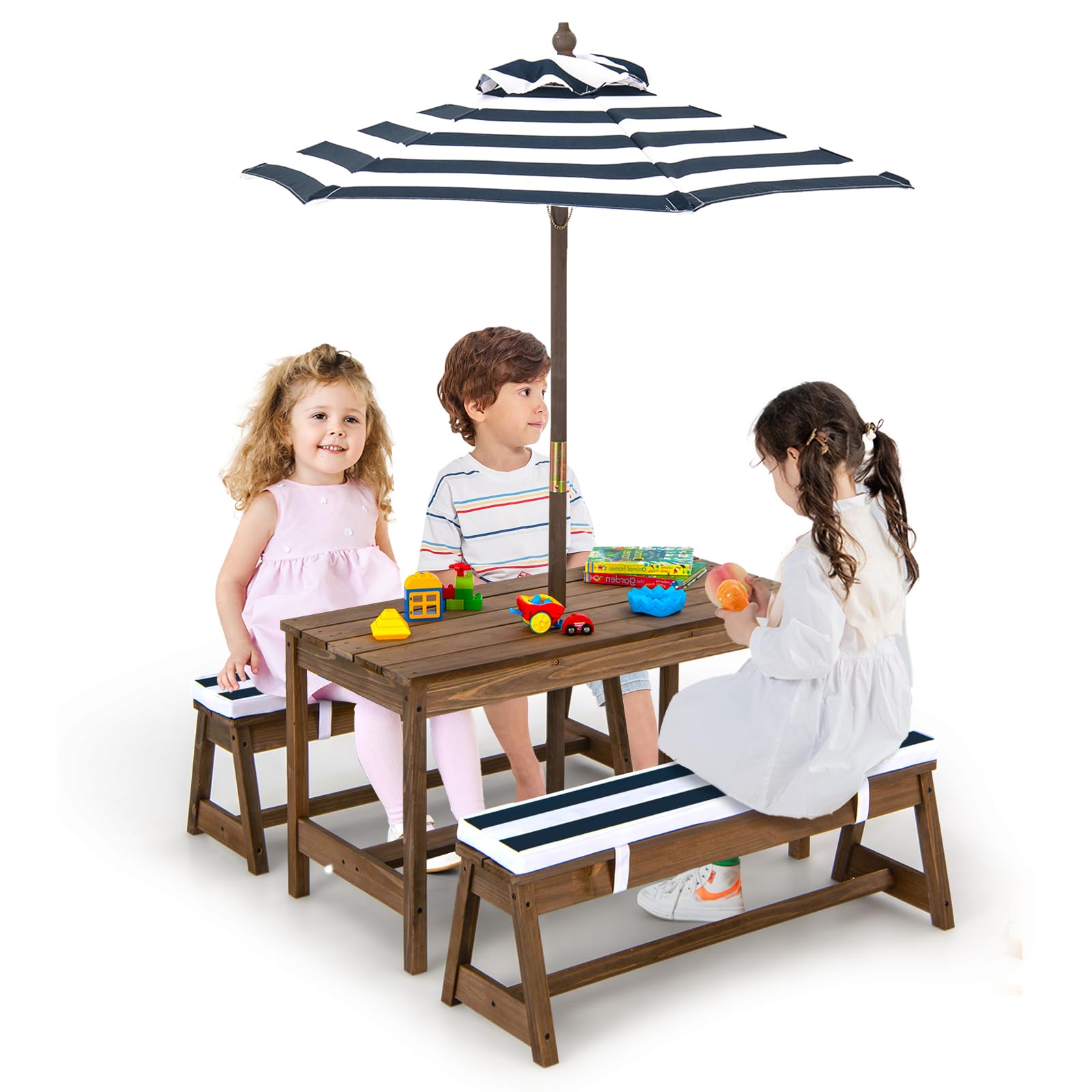 DORTALA Kids Picnic Table with Umbrella & Cushions - Wooden Outdoor Toddler Table and Bench Set for Ages 3-8, Blue - Perfect for Backyard Playdates, Birthday Parties & Outdoor Activities