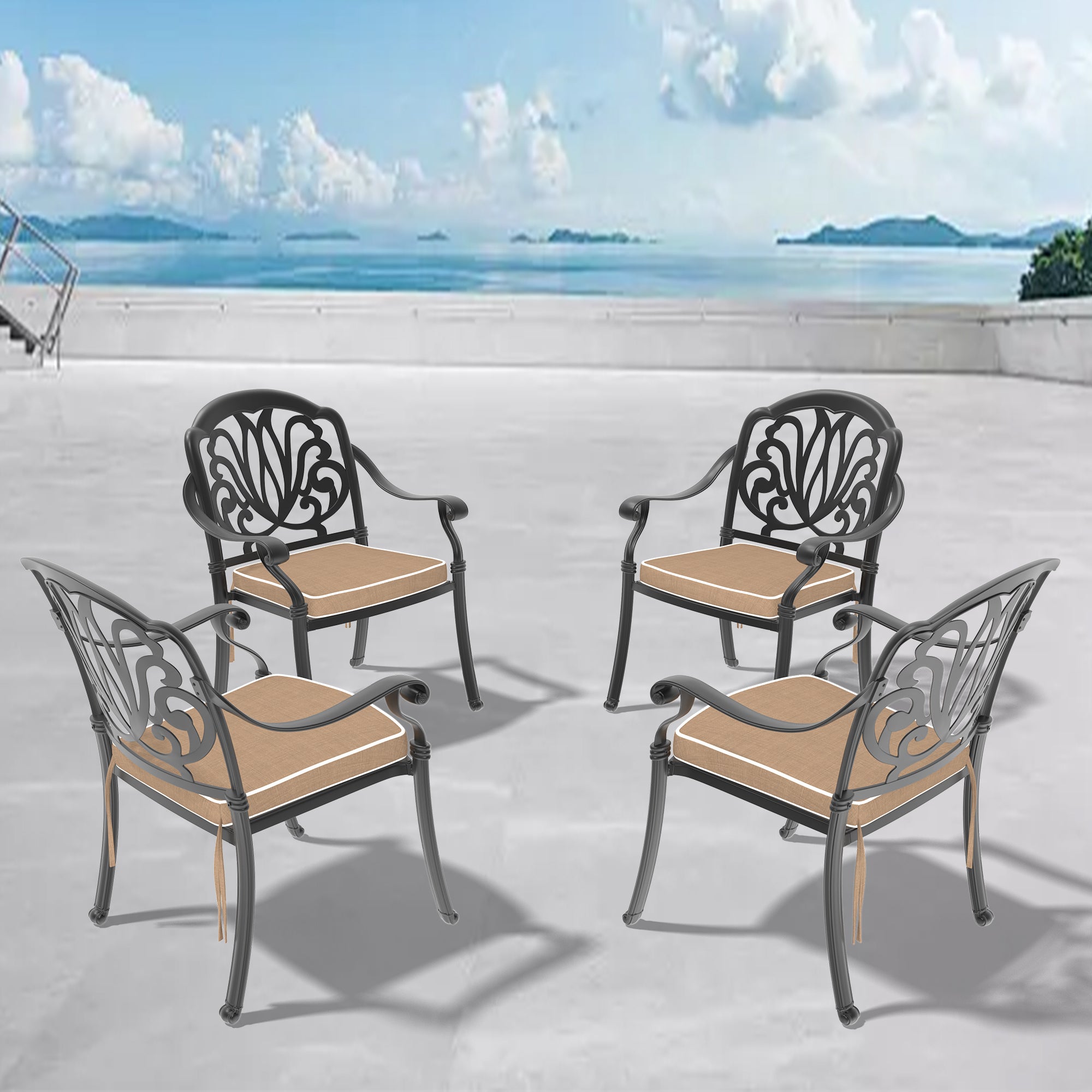 4-Piece Cast Aluminum Patio Dining Set with Black Frame & Cushions - Outdoor Garden, Poolside, Backyard Furniture for Relaxing & Entertaining