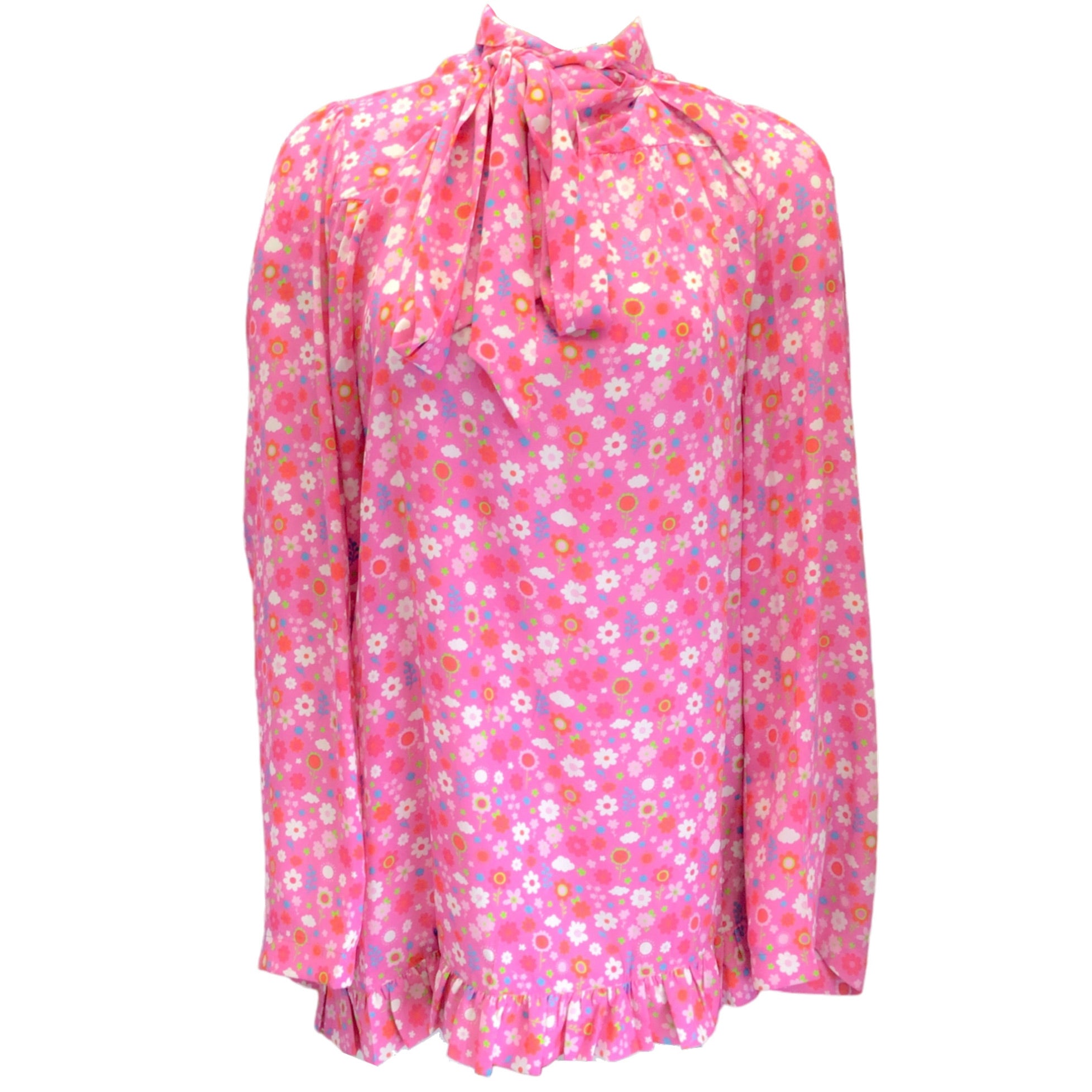 Balenciaga Pink Multi 2021 Tie Neck Floral Printed Blouse - Women's Fashion Tops for Party, Date Night & Special Occasions